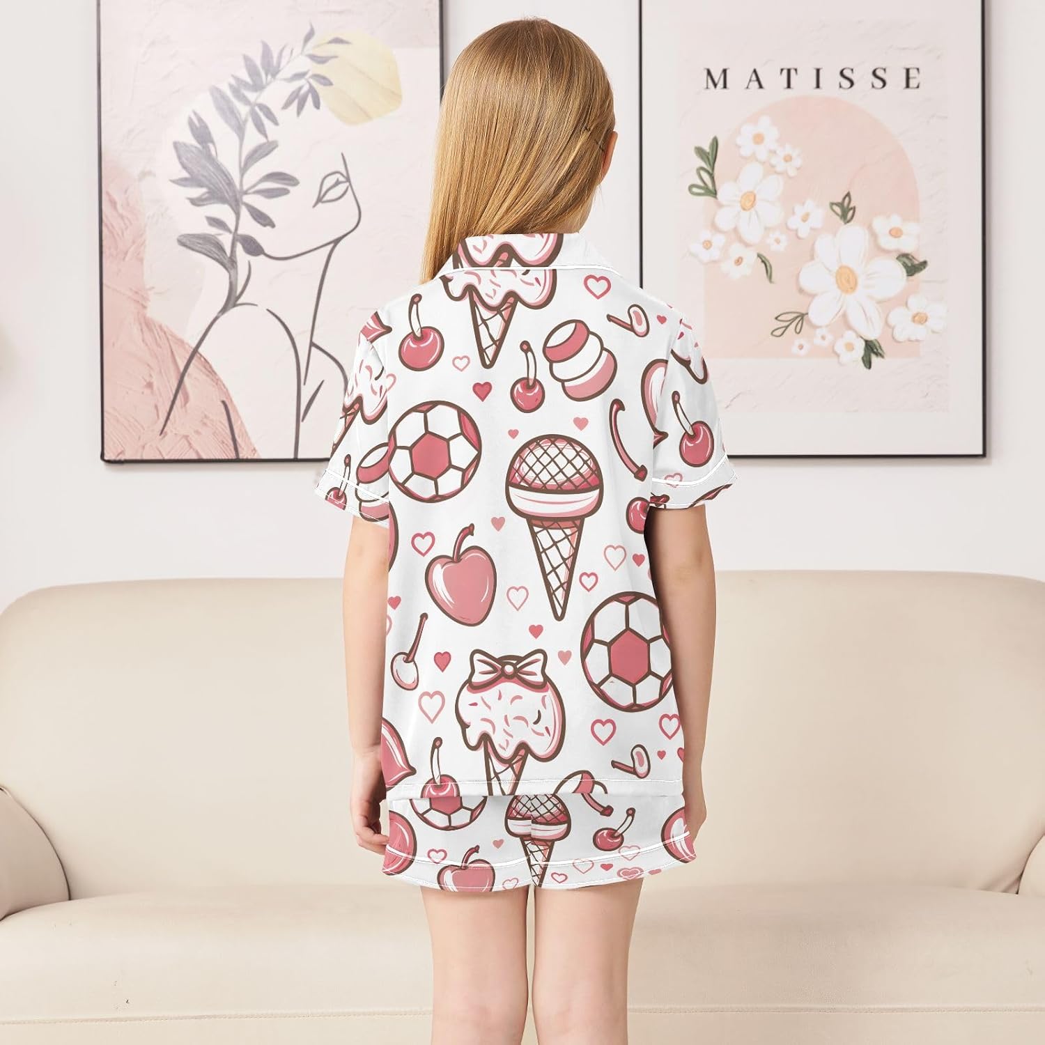 Kids Satin Wear Set Football Ice Cream Cherry Heart Pink Pattern Relaxed Fit Clothing Short Sleeve and Shorts