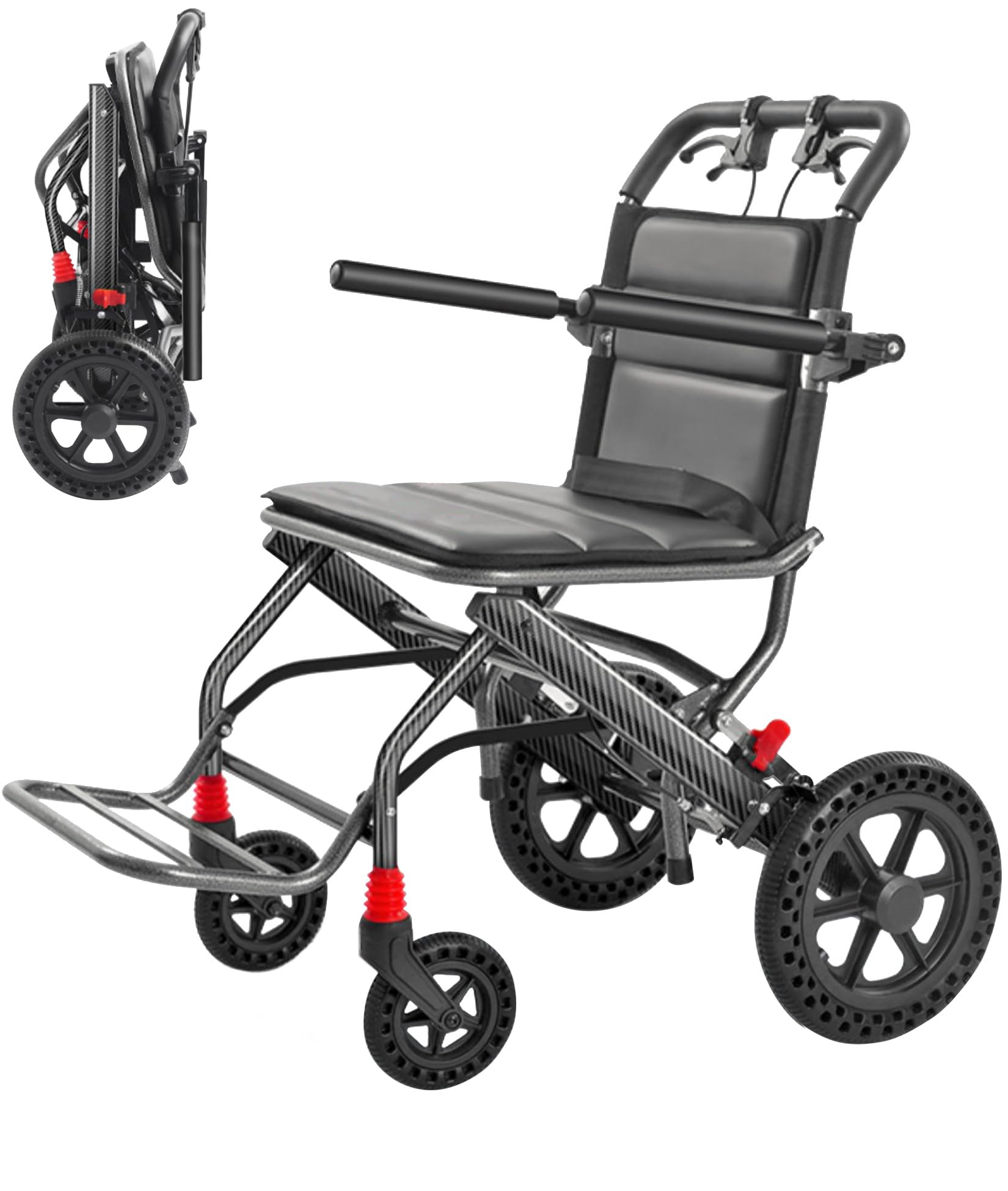 BOTOWI Silla de Ruedas Ligera de Transporte con Frenos de Mano Bloqueables, Ruedas Traseras de 12", con Asiento Ancho, Diseño Trolley, Silla de Ruedas de Aluminio para Adultos/Seniors