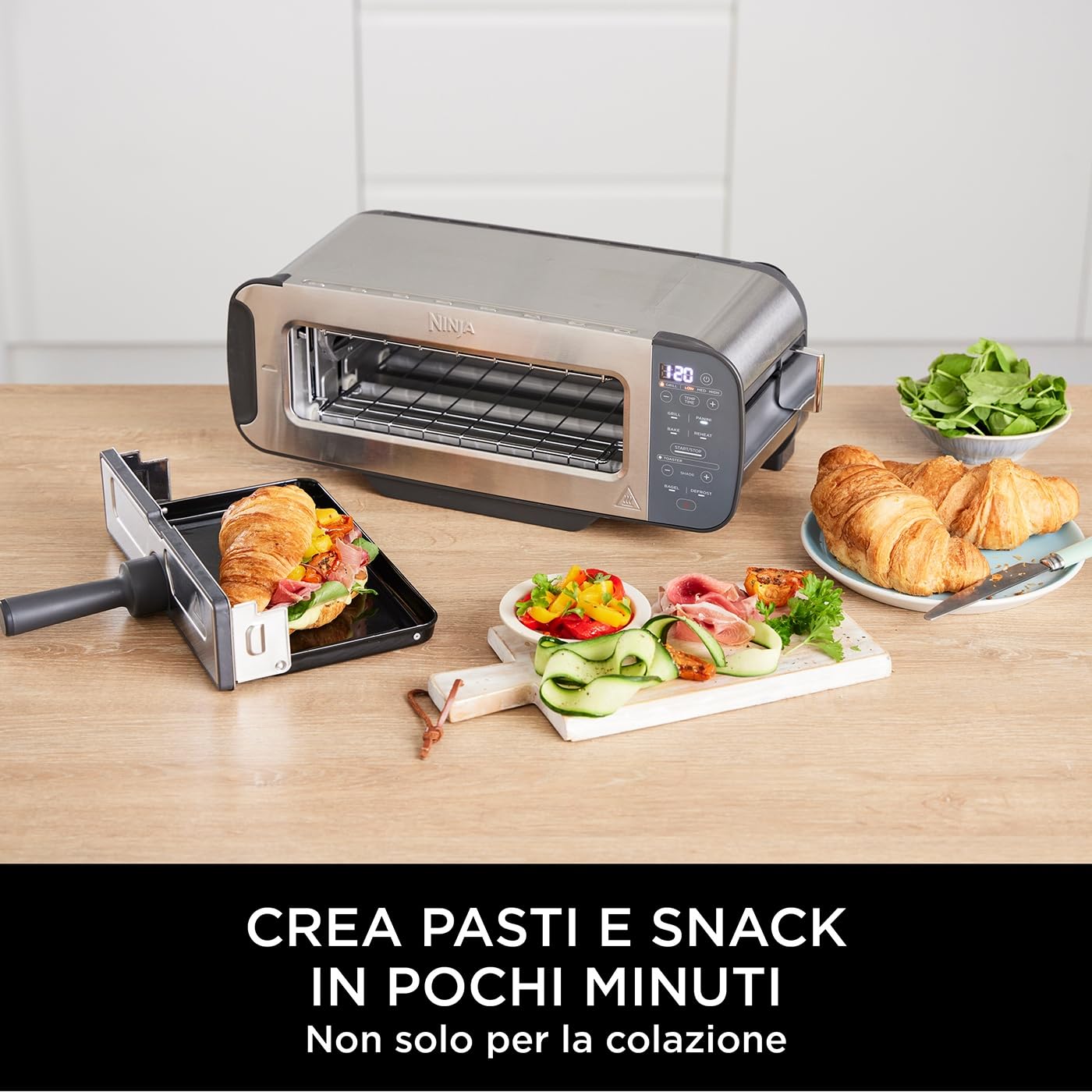 Ninja Foodi 3-in-1 Tostapane, con Griglia e Pressa per Panini, 7 Funzioni di Cottura, 7 Livelli di Tostatura, Include Teglia e Vassoio Raccogli Briciole, Acciaio Inox ST202EU