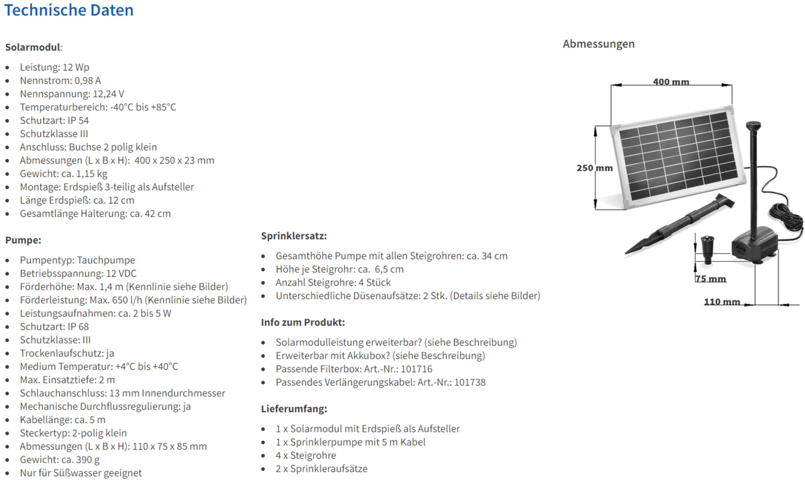 esotec Solar Teichpumpenset 12/650 mit 12 W Solarmodul, Solarteichpumpe, Wasserspiel Garten, Springbrunnen für außen 101912