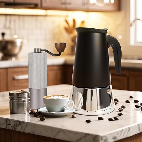 Miniatura 8 de Moka Pot, 9 tazas (15.9 onzas) para máquina de café expreso, olla moka de acero inoxidable 304, compatible con inducción, color negro