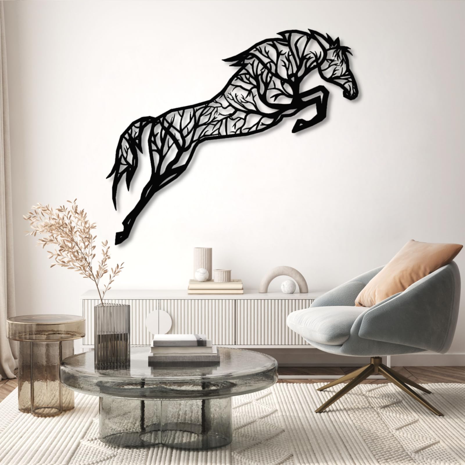 Decorazione murale in Metallo Nero a Forma di Albero e Cavallo, Ramo in Metallo in Stile Western, Scultura Moderna a Forma di Albero e Cavallo per Soggiorno, corridoio e Scale (Oro 41" L x 3