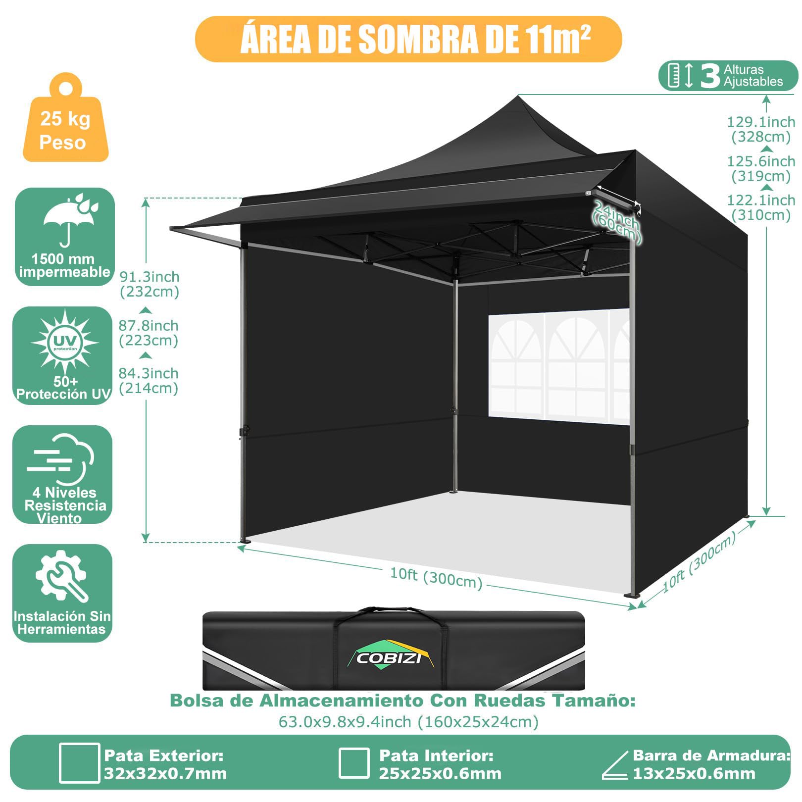 COBIZI Gazebo 3x3 Pieghevole con Parasole e Pannelli Laterali,Nero | Impermeabile UV50+ Gazebo Esterno Resistente 3x3 Tendone da Esterno Tenda per Giardino Auto Campeggio Spiaggia Fiere
