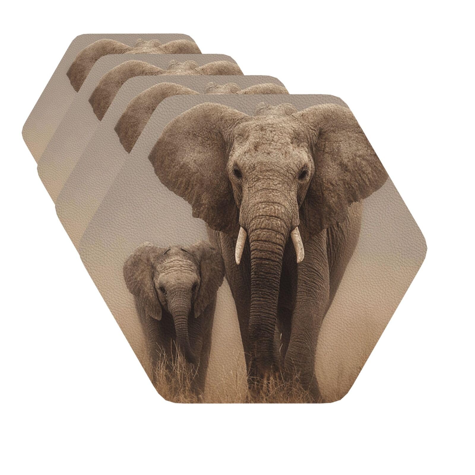 Drink Coasters Set of 4 Quick-Dry Leather Coaster Walking elephants Coasters for Drinks Coffee Cup Mat Tabletop Protection Heat Resistant Coaster for Kitchen Bar Office Home Decor