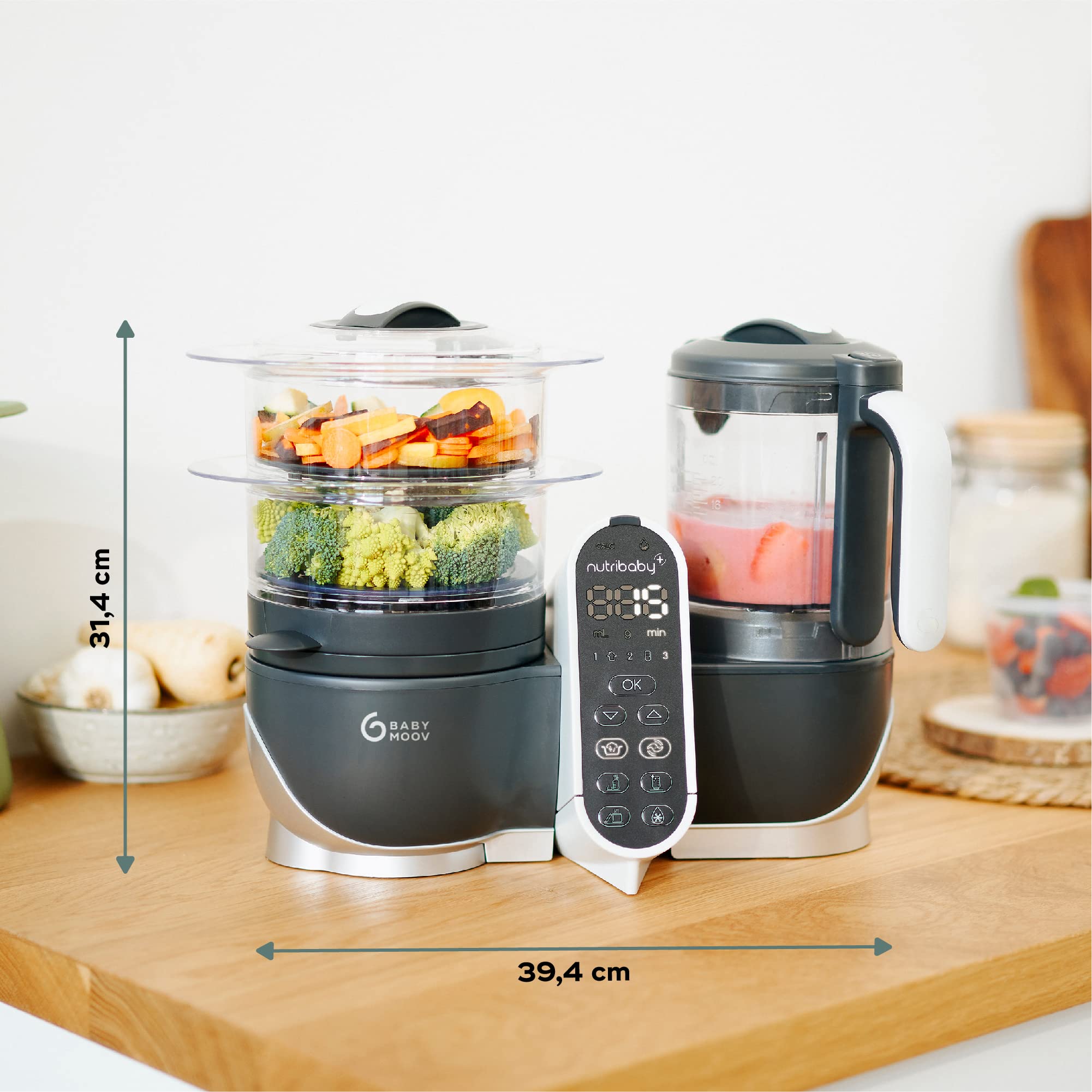 Babymoov Nutribaby+ Robot Cuiseur Bébé Multifonctions 6 en 1, Cuiseur Vapeur Mixeur, Grande Capacité 2,2L, Gris