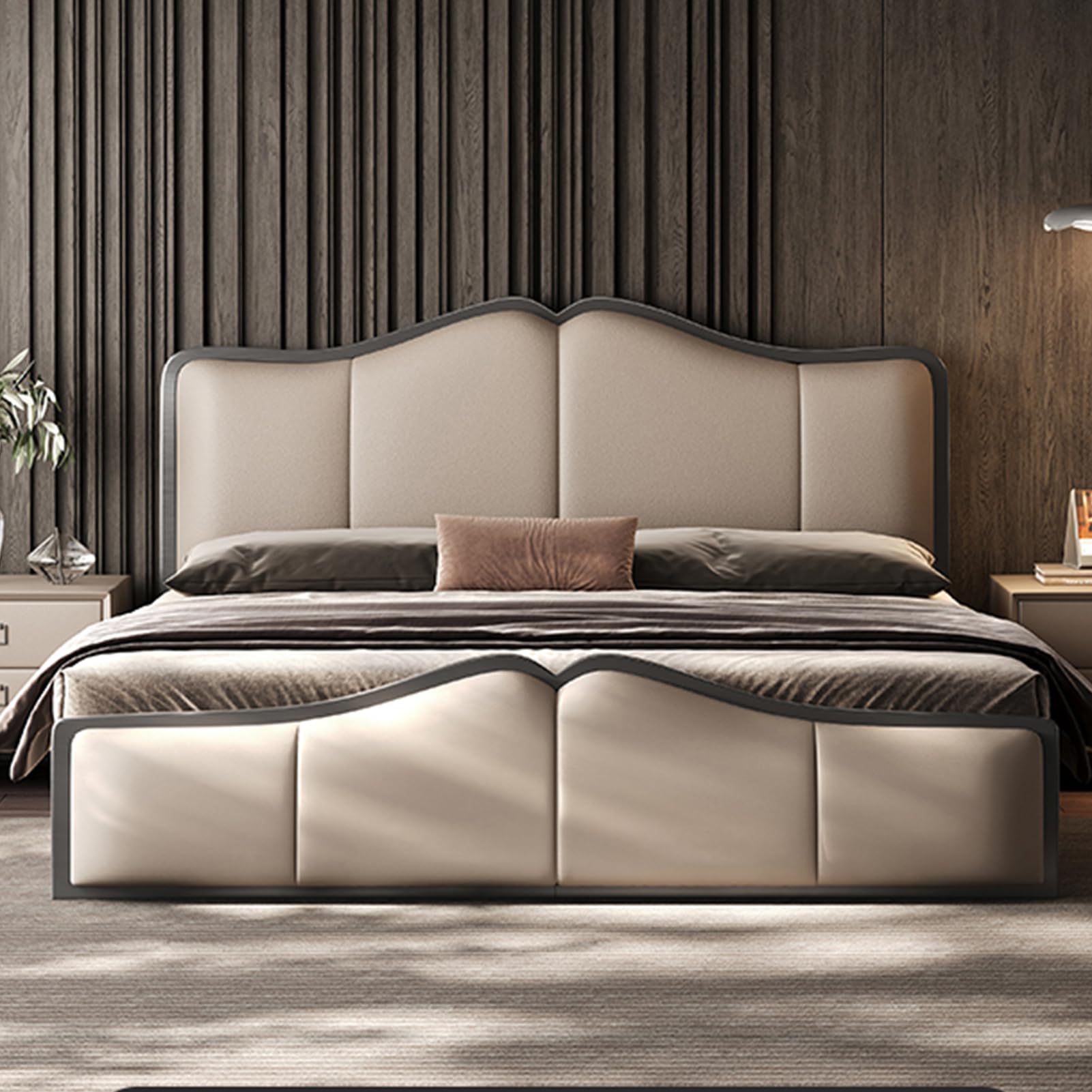 King Size Genuine Leather Wood Bed Upholstered Platform Bed Frame with Headboard and Lift Up Storage Wooden Slats