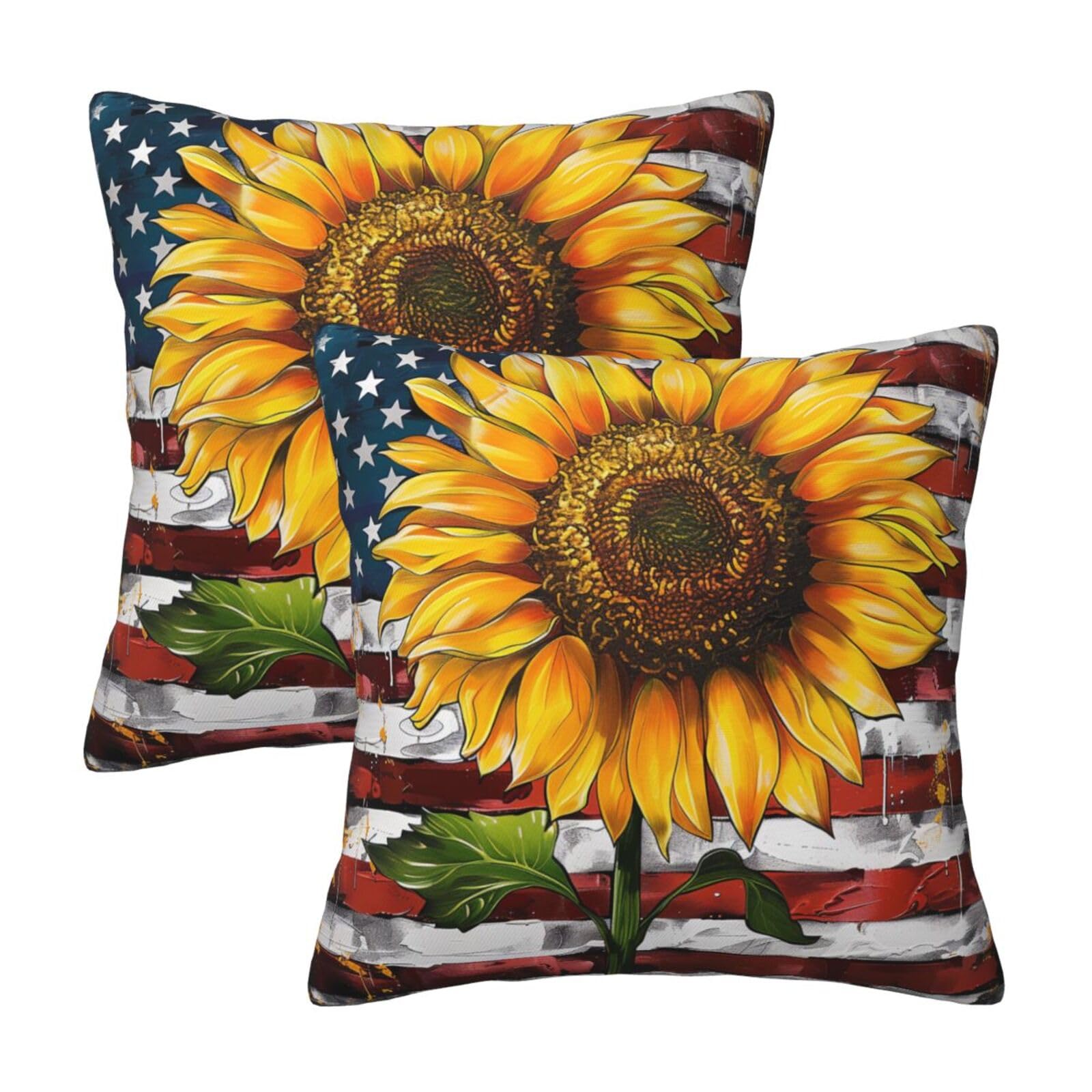 Sunflower And US Flag Throw Pillow Cases 2 Pack Square Pillowcases Soft Pillow Protectors for Couch Livingroom Sofa Bed Office Car,30x30 CM