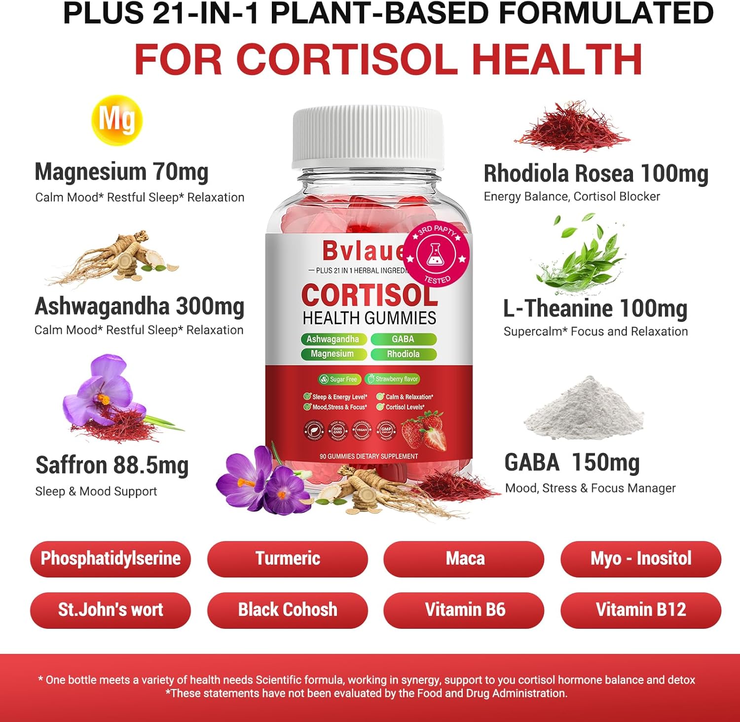 Cortisol Supplements for Women & Men - Cortisol Reducer Detox Manager with Ashwagandha/Magnesium/L-theanine/GABA/Vitamin B6 for Mood/Sleep/Stress Relief 90 CT Strawberry Flavor Gummies