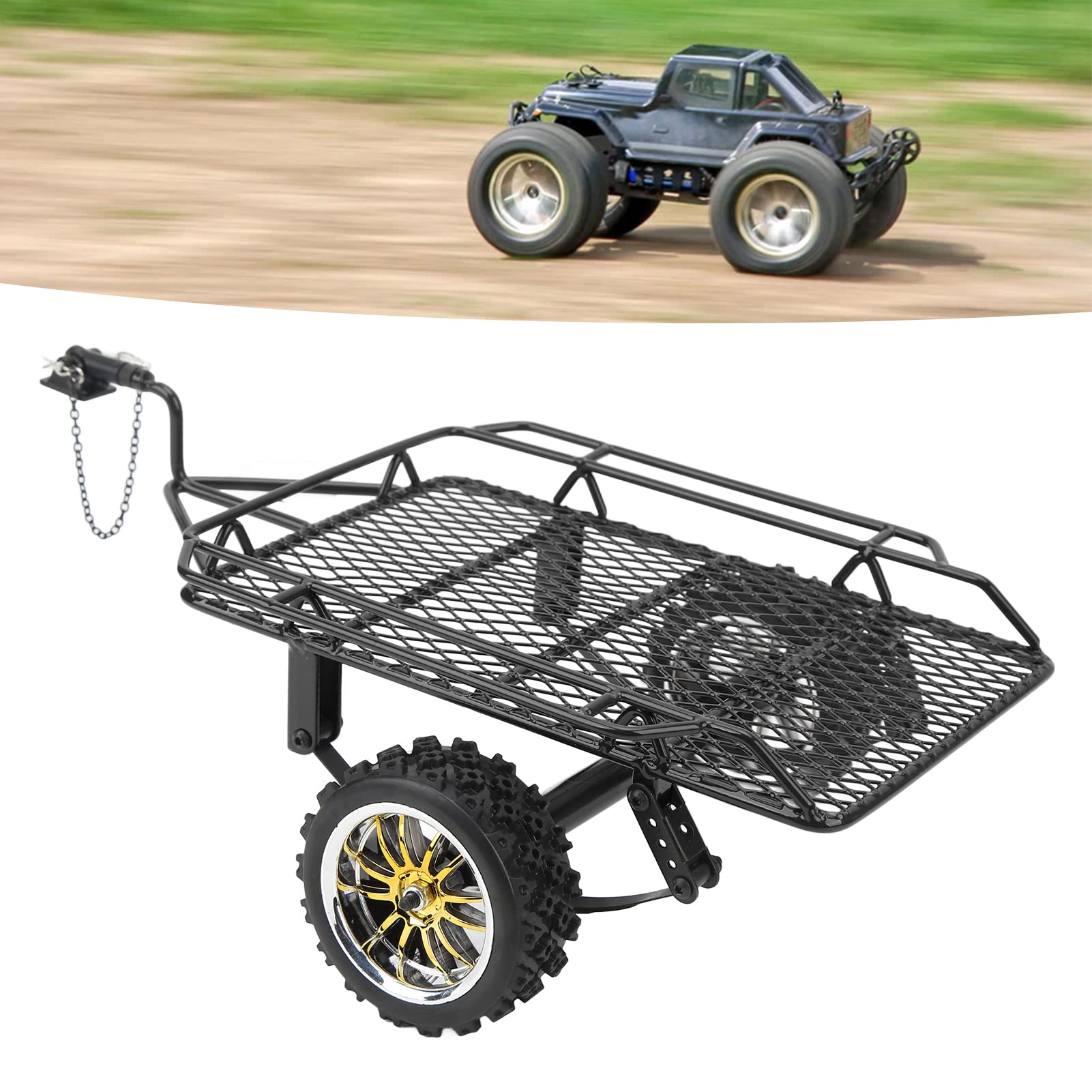 Mała przyczepka RC Metalowa przyczepa kubełkowa RC z konstrukcją z żelaznej gumy Łatwa instalacja w samochodach zdalnie sterowanych Axial SCX10 Traxxas TRX4 D90 GEN8 (Czarny)