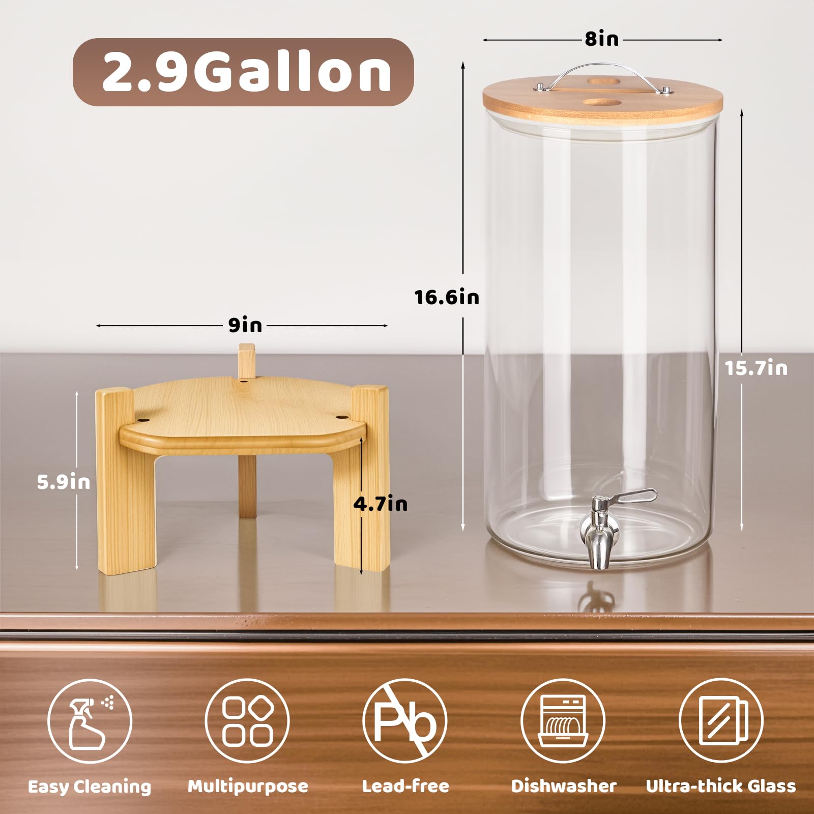 Dispensador de bebidas de 2.9 galones, dispensador de bebidas de vidrio con soporte, dispensadores de bebidas para fiestas, dispensador de bebidas con soporte de madera, grifo de acero inoxidable, 2