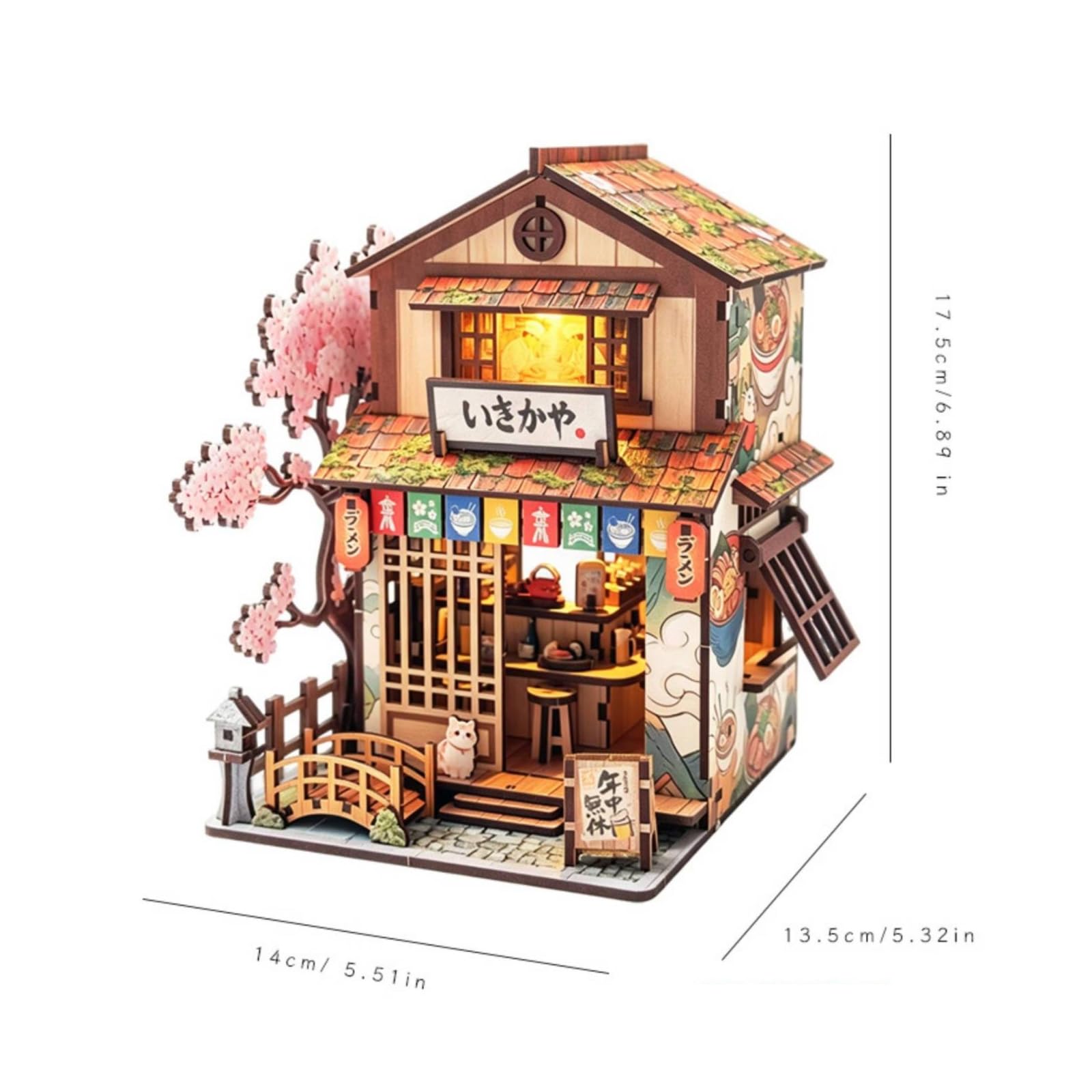 Miniatura Edificio Blocchi Costruzione Kit Modello Casa Vetrina Ornamento Tavolo Illuminazione Calda Legno con Tetto a Strati Finestre a Porta Insegna