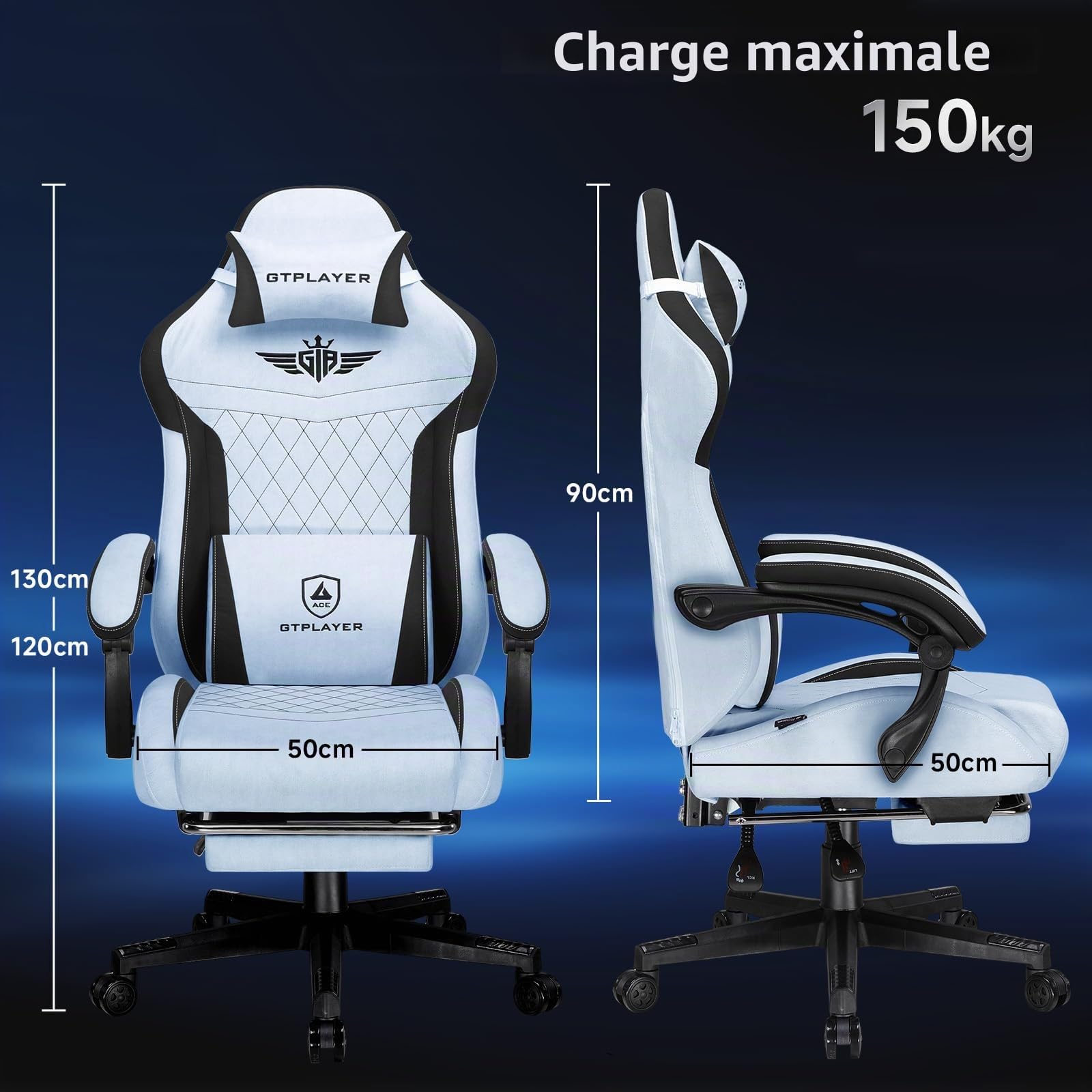 GTPLAYER Chaise de Jeu, Ergonomique, en Velours High-Tech, avec Soutien Lombaire - Chaise PC avec Dossier élargi - Charge maximale : 150 kg - Bleu Claire