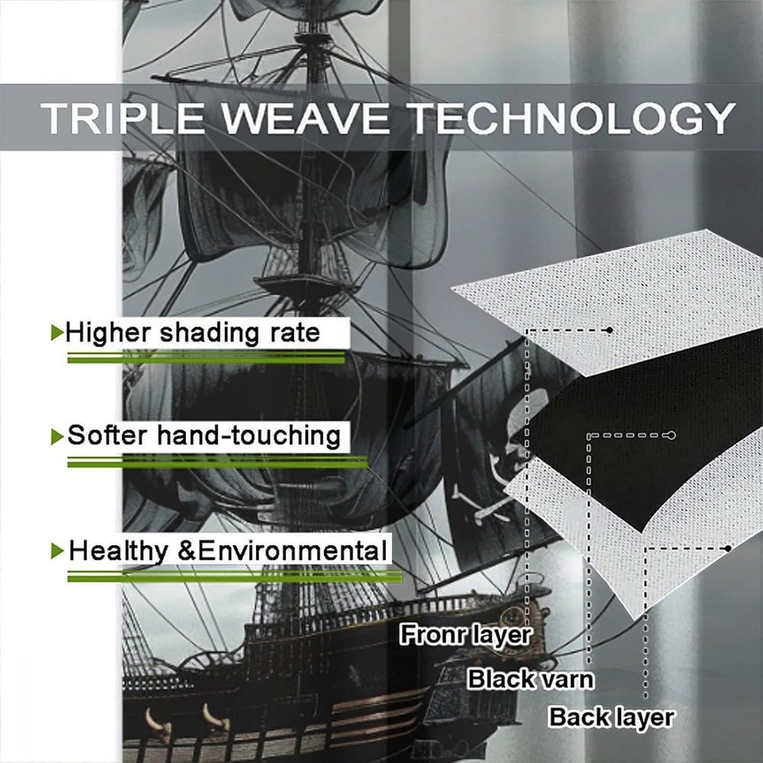 Pirate Ship Blackout Curtains, Nautical Sailboat Ocean Black Home Decor Rod Pocket Window Drapes for Living Room Bedroom- 2 Panels, Each 36" W x 63" L