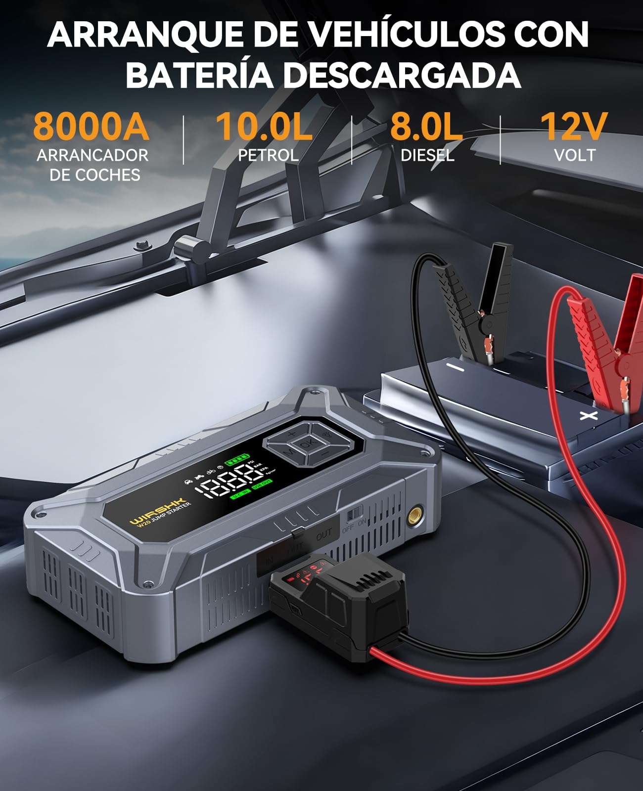 Arrancador de Coche con Compresor de Aire, 8000A 160PSI Arrancador Portátil para Baterías (8.0L Gasolina/10L Diésel), Batería Externa 12V con Cables de Arranque, Pantalla LCD, 2 LED
