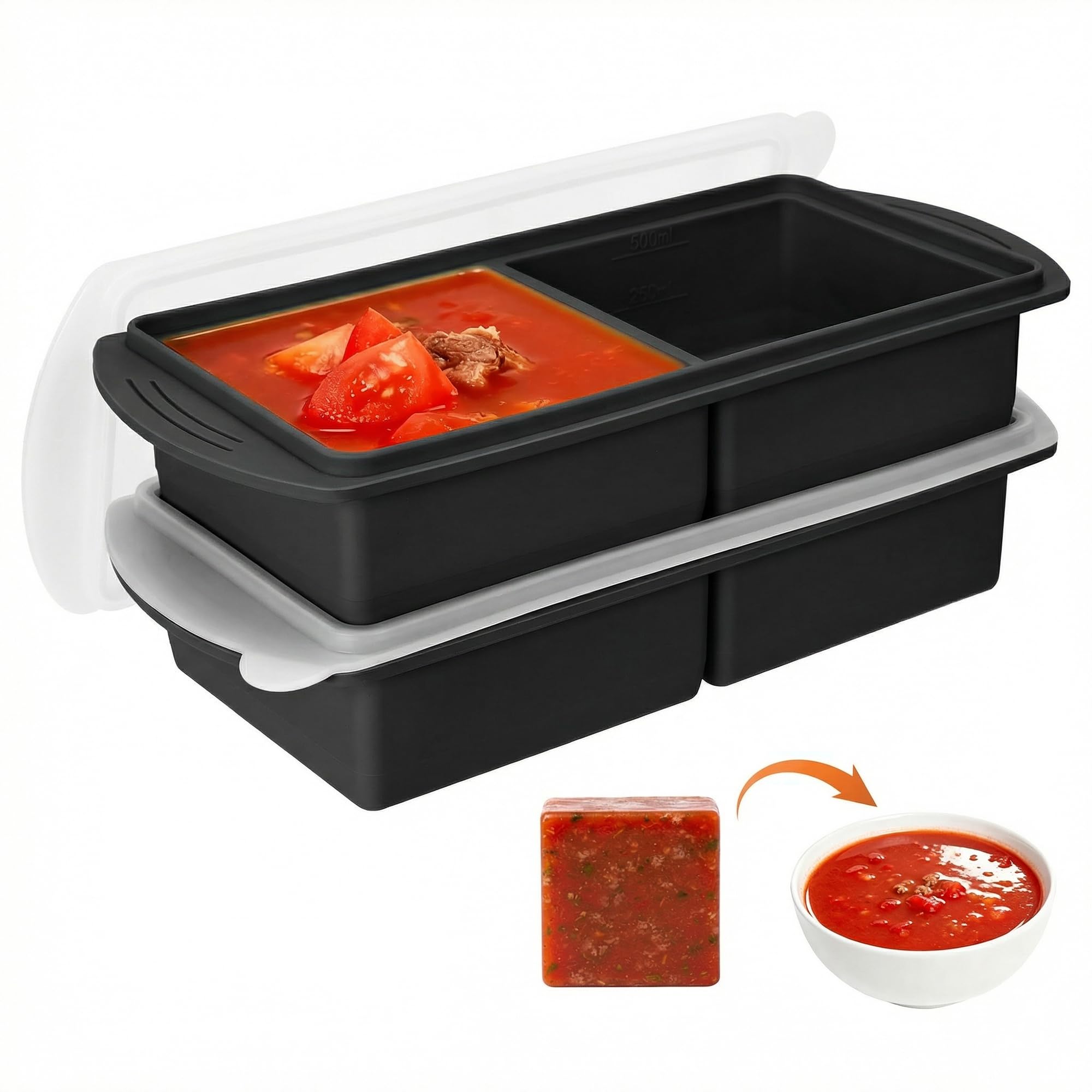 Defresit 2 Pack Silicone Freezer Tray With Lid-Soup Freezer Container molds for Freezing, Meal Prep Soup Storage Containers, Ice Cube Tray for Sauce, 2-Compartment Freezer Container,Black