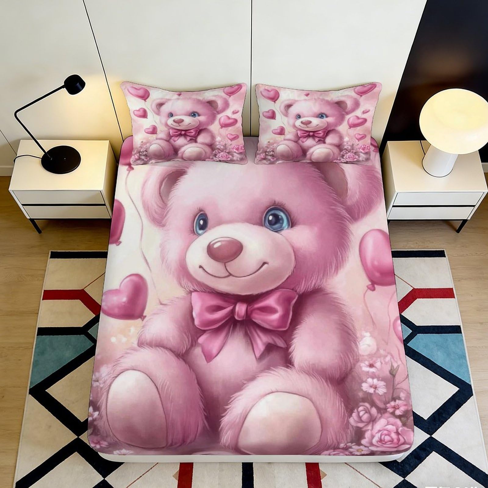 3D Printed Pink Teddy Bear Fitted Sheet Microfiber Soft Bedroom Decor Heart Balloon Bed Cover for All Ages 90x200x25cm