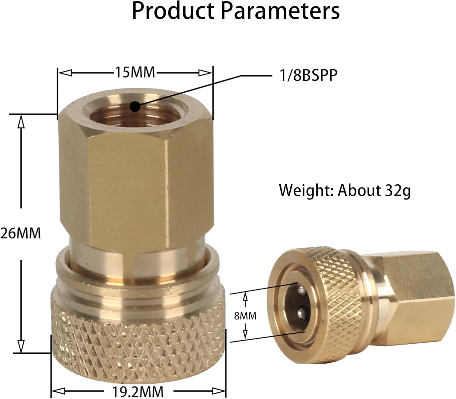 1/8" BSPP Female Thread Quick-Disconnect Plug Adapter, 8mm Female Quick Disconnect Adapter, PCP Paintball Charging Fittings with Sealing O-Ring
