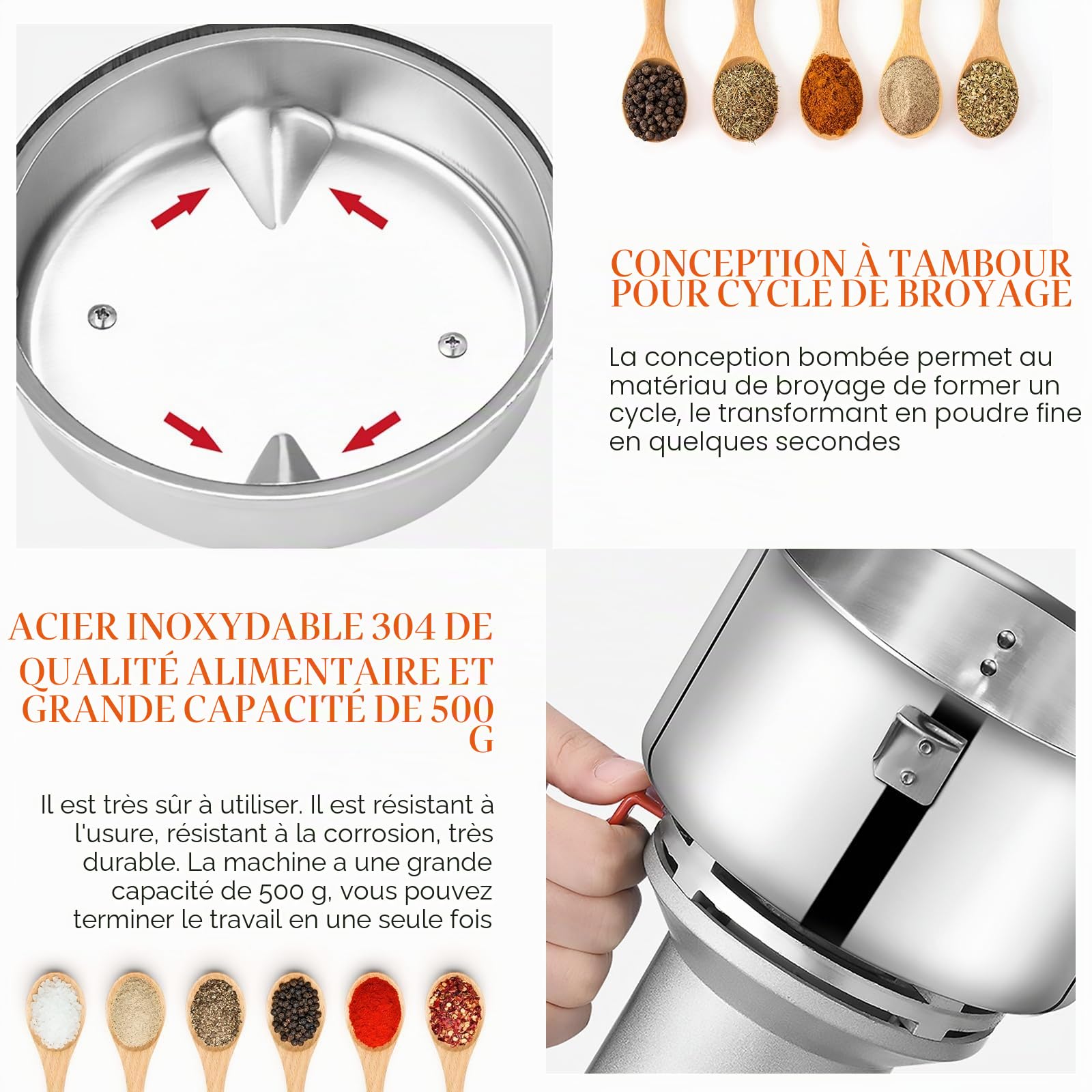 Moulin à Grains Électrique, Aomdom 500 g Grinder Electrique en acier inoxydable moulin cereales à grande vitesse 28000 tr/min Moteur puissant 30 s broyage fin pour grain de cuisine Épice Café Maïs