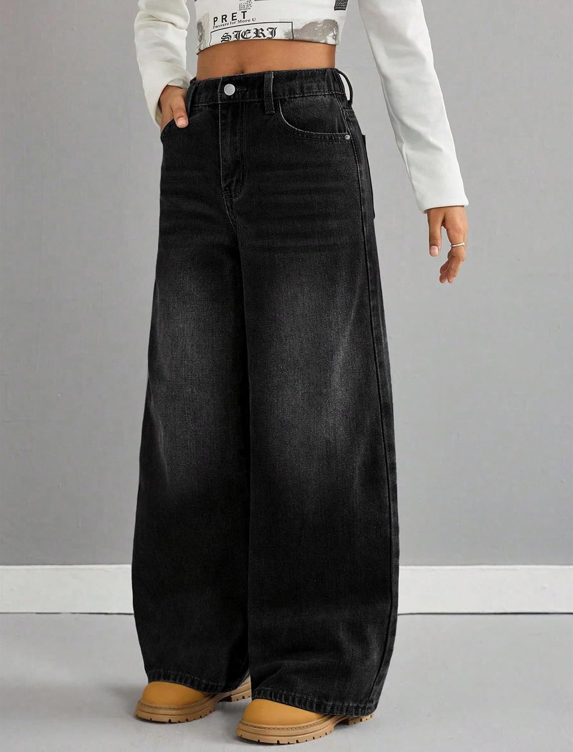 Girls Jeans Wide Leg Baggy Elastic Waist Denim Pants Cute Retro 2000s Boyfriend Washed Trousers for Tween 7-14Y