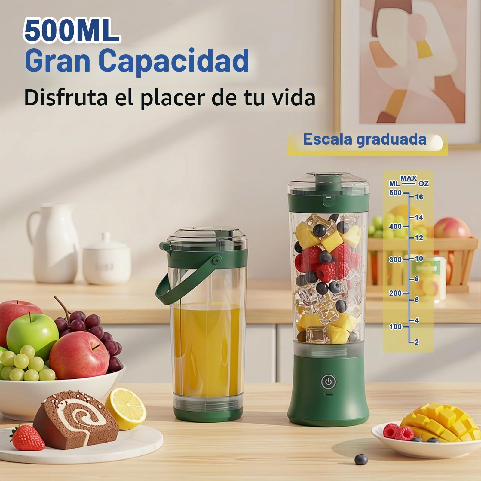 Licuadora portátil para batidos y smoothies,TOPESCT 500ml mini licuadora personal recargable por USB con 6 cuchillas ultra afiladas para viajes,oficina y deportes(Verde negruzco)