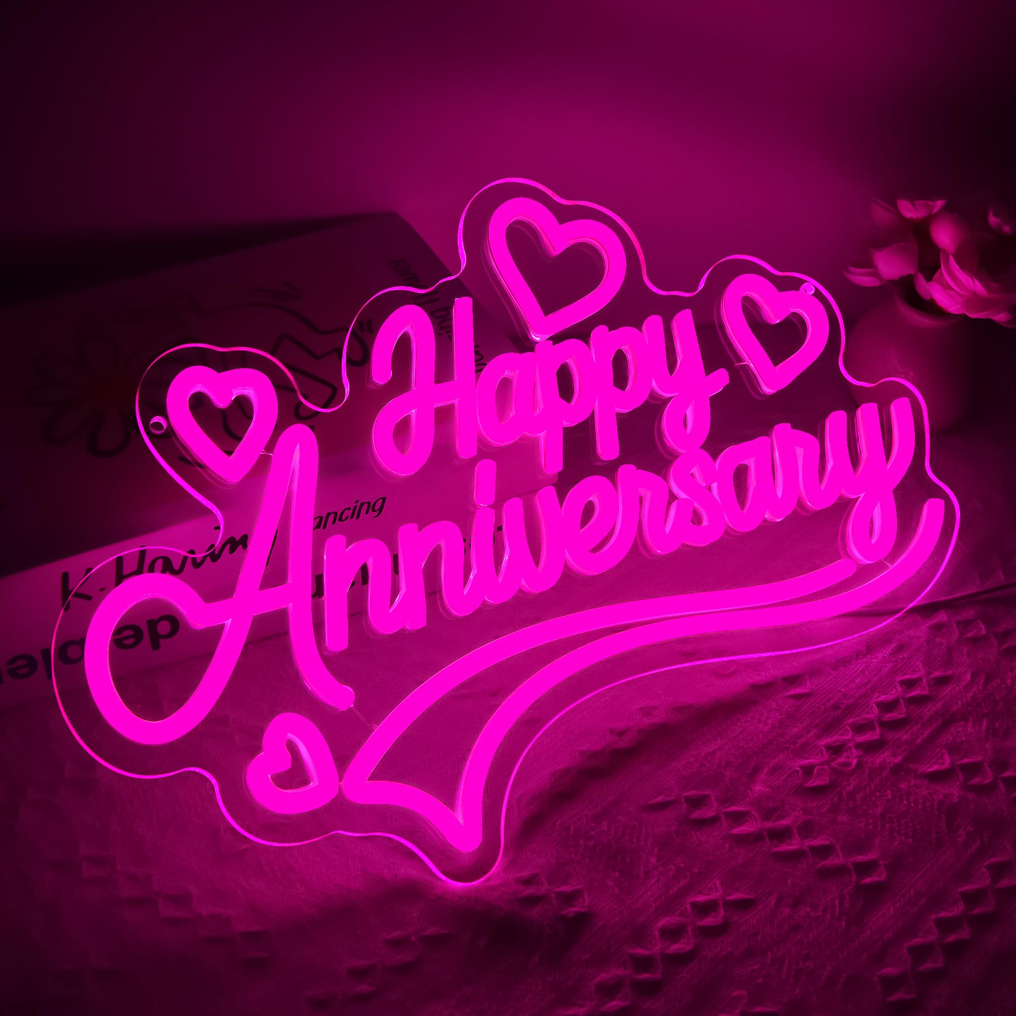 Neonschild mit Aufschrift "Happy Anniversary" für Wanddekoration, rosa LED-Licht, Herzhände, Neonlicht für Schlafzimmer, Mädchenzimmer, Hochzeitstag, Geburtstag, Party, Dekoration, Geschenke für sie