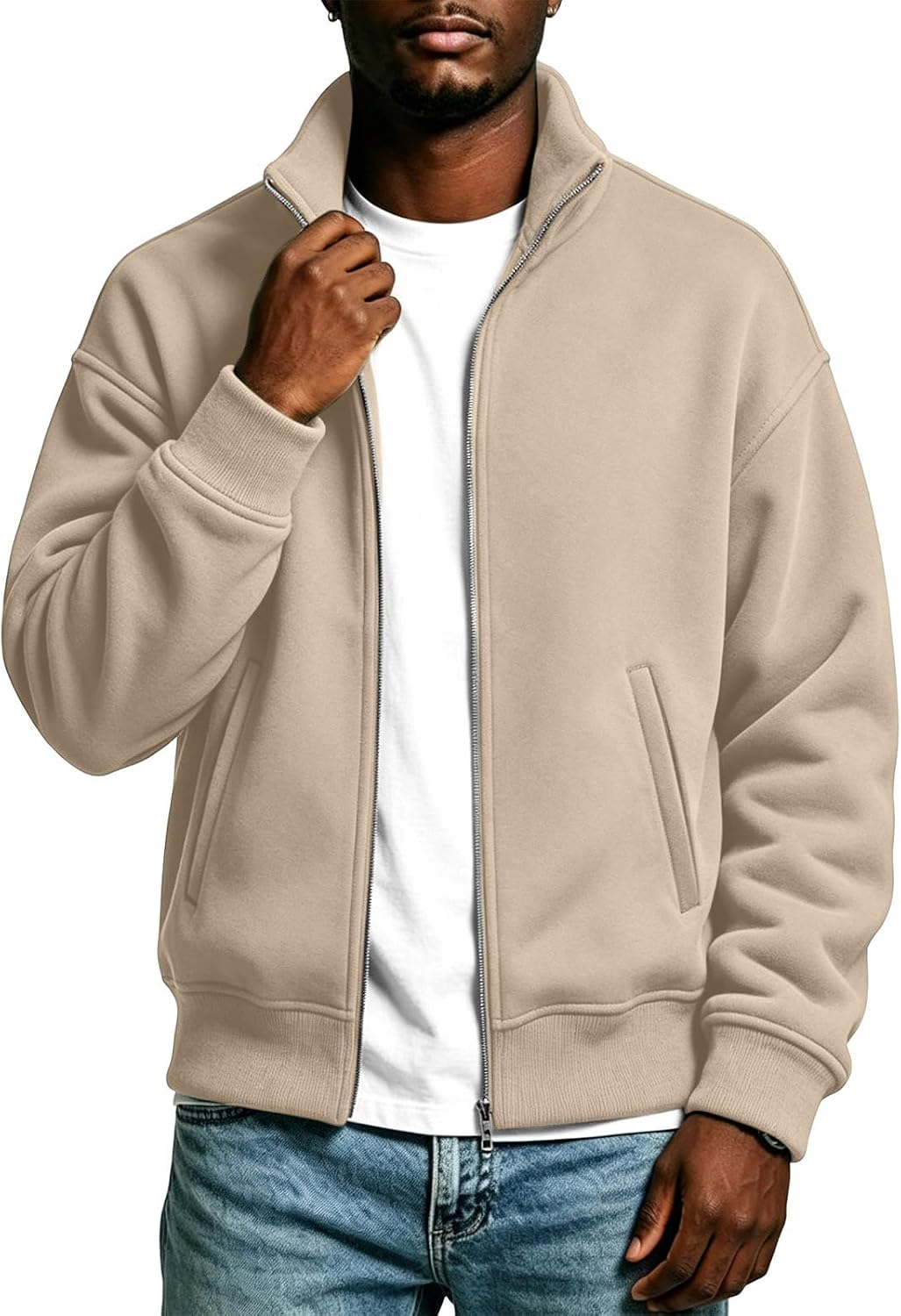 Mens Stand Collar Zip Up Sweatshirt Jacket Long Sleeve Casual Coat
