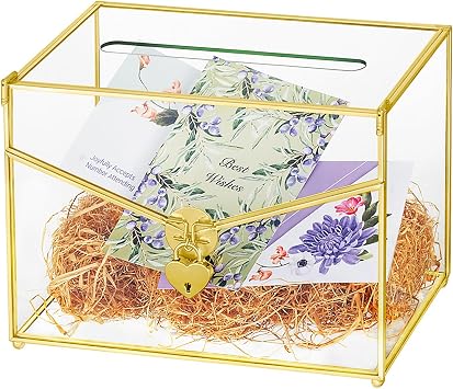 NCYP Gold Wedding Card Box with Slot and Lock Key Set for Party Reception, Wishingwell - Envelop Shaped Glass Card Holder, Home Tabletop Decor, Small 9.8"x7.7"x5.6" Glass Box Only