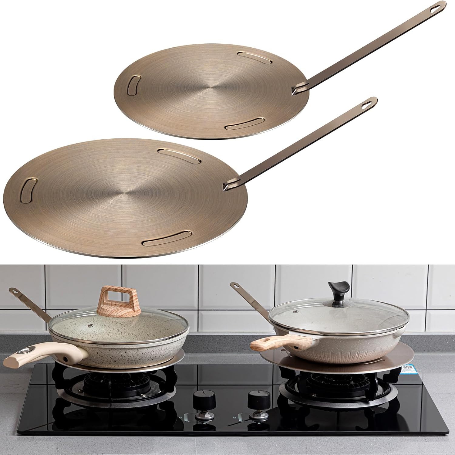 2 Pcs 9.5" and 11'' Stainless Steel Induction Adapter Plate Cooktop Heat Diffuser for Gas Stove Diffuser Plate with Handle Converter Disk Simmer Ring for Electric Stove(4 Slots,Silver)