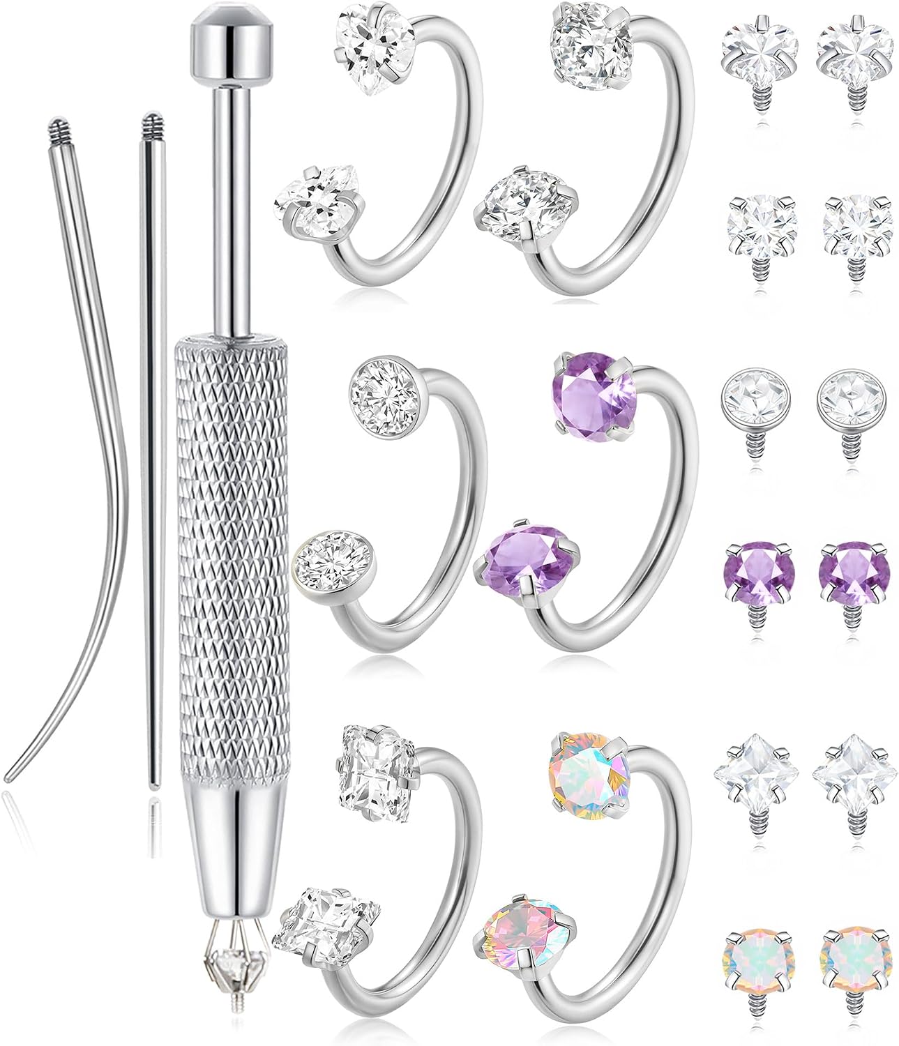 Horseshoe Nose Ring for Women Surgical Steel 18G Double Gem Nose Ring Hoop Cartilage Helix Daith Tragus Half Hoop Earrings Septum Labret Lip Eyebrow Piercing Jewelry Silver Plated