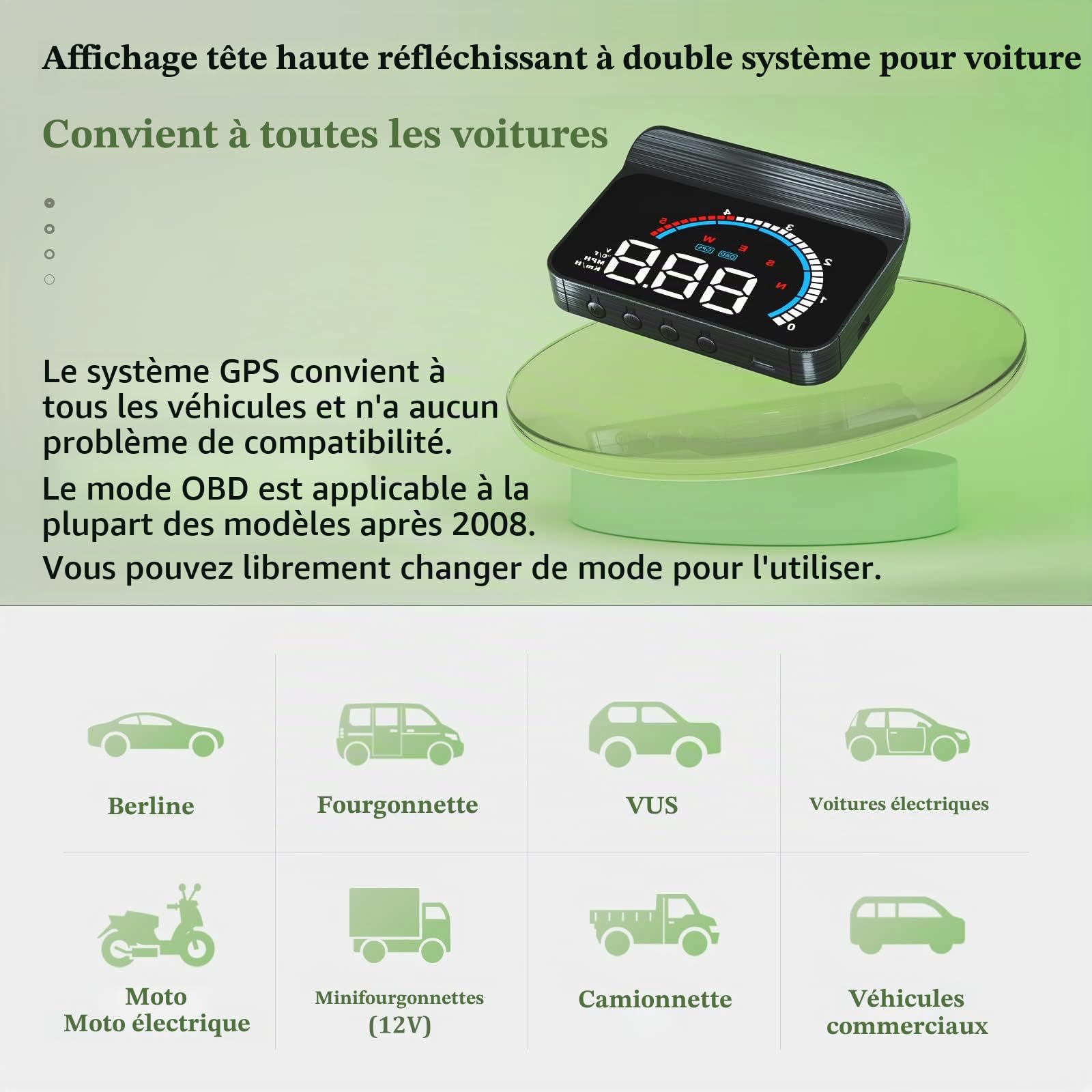 Car HUD Head up Display, OBD2 & GPS Dual Modes HUD, Speedometer, KM/H et MPH, Compatible avec toutes les voitures