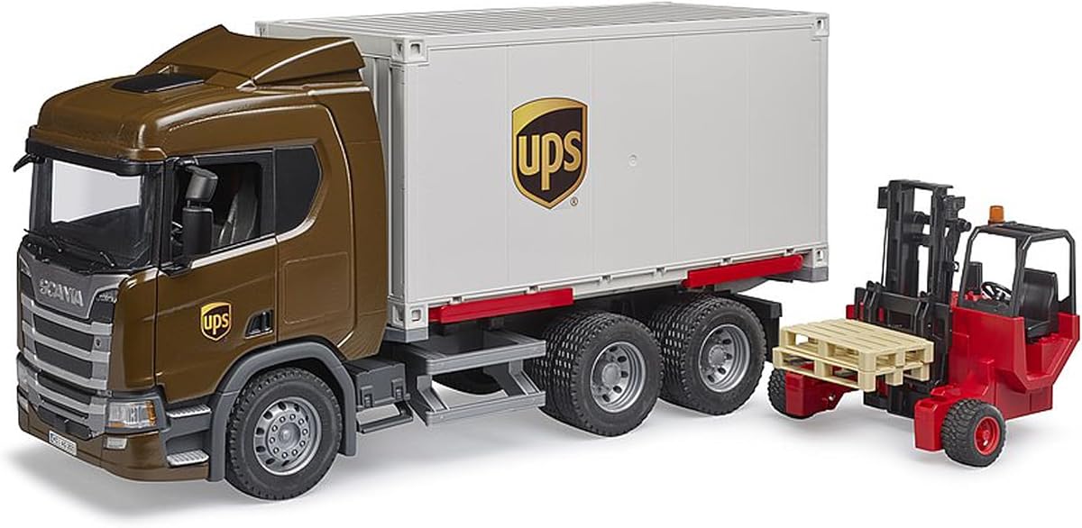 Camión logístico UPS Scania Super 560R con carretilla elevadora Bruder 03582