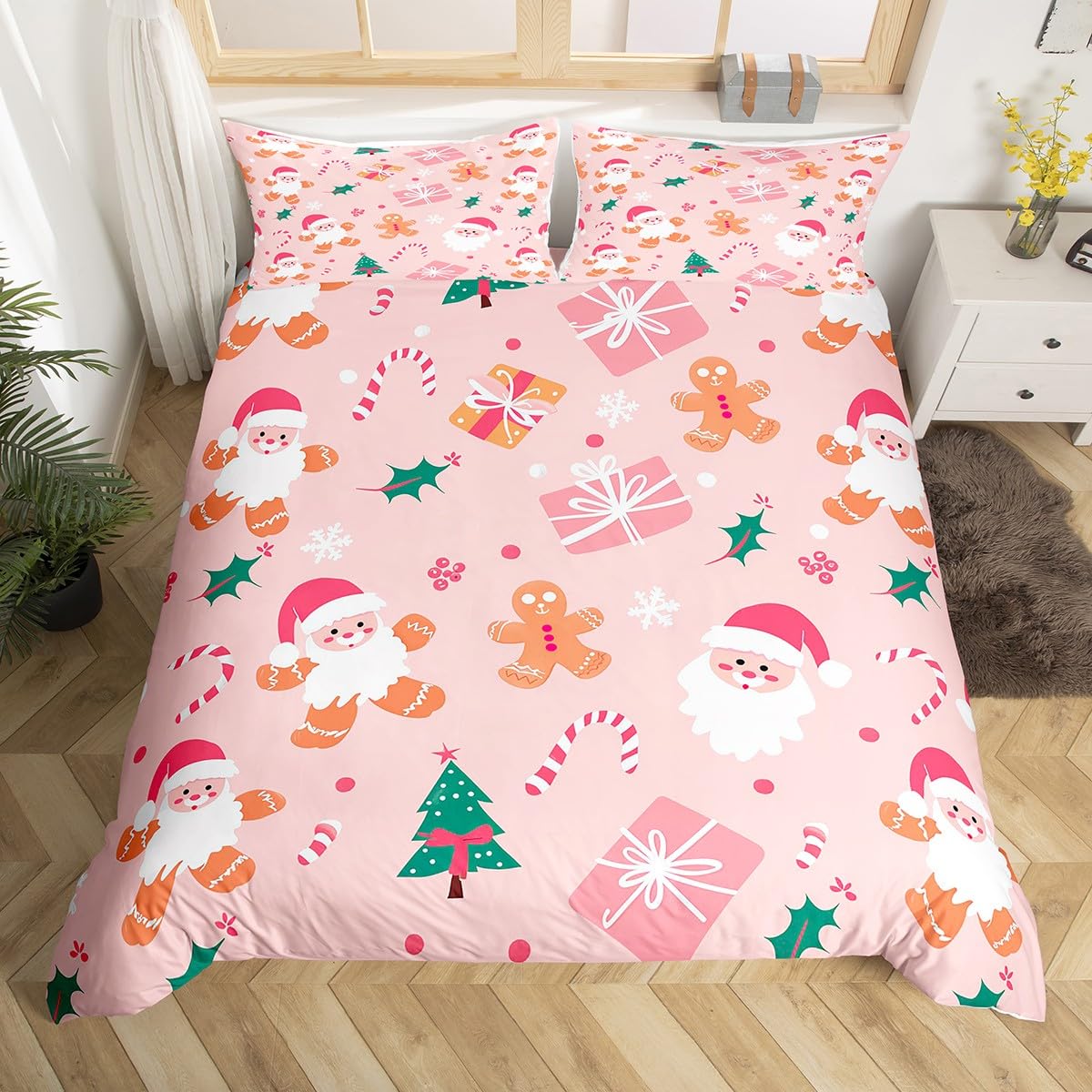 Loussiesd Merry Christmas Bedding Set Cookies Candy Duvet Cover Set for Kids Boys Girls Gingerbread Man Comforter Cover Quilt Cover Bedroom Collection 2Pcs Single Size