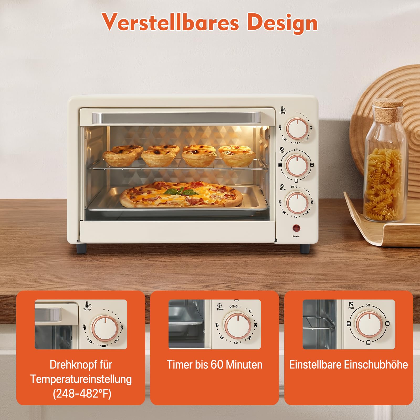 Mini forno compatto da 1000 W, 22 l, con bistecchiera e griglia, 4 tubi di riscaldamento, mini forno per pizza, pane, biscotti, barbecue, famiglia (bianco)