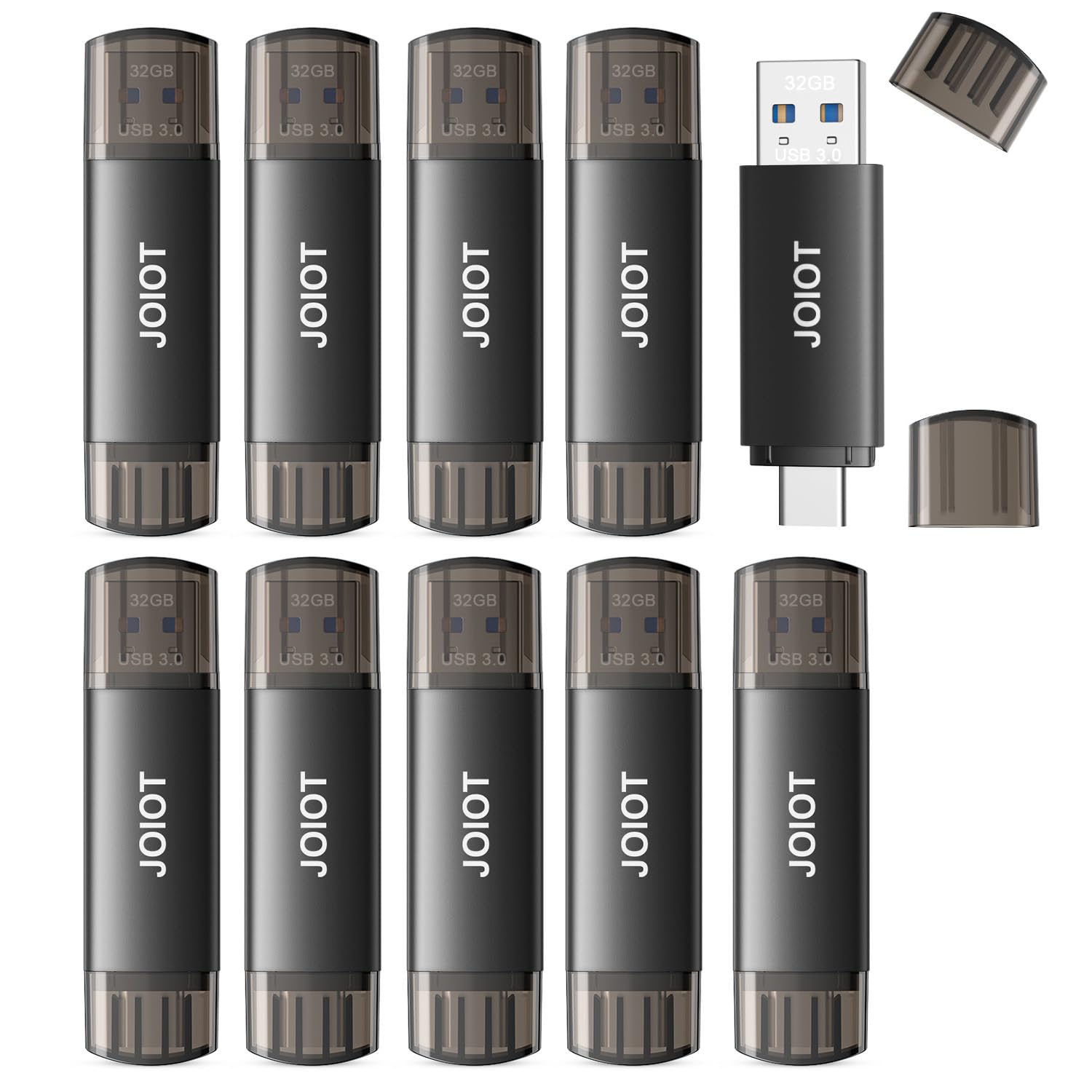 Unidad flash USB C de 32 GB, unidad flash USB 3.0 dual tipo C + USB A, unidad flash portátil tipo C 2 en 1 USB-C para smartphone, tablet, computadora, Mac, iPhone 16, color negro (paquete de 10)
