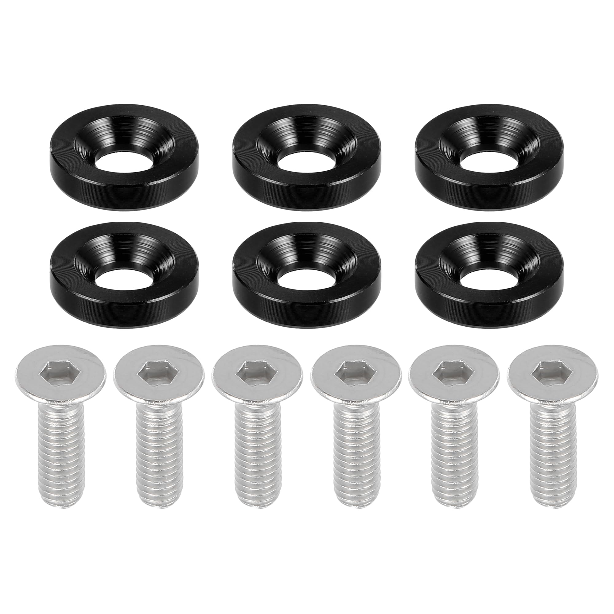Motoforti Rondelle di Finitura Universali a Testa Svasata per Parafanghi, paraurti, Kit di Fissaggio per Motociclette, M6, Lega di Alluminio, Nero, 6 pezzi