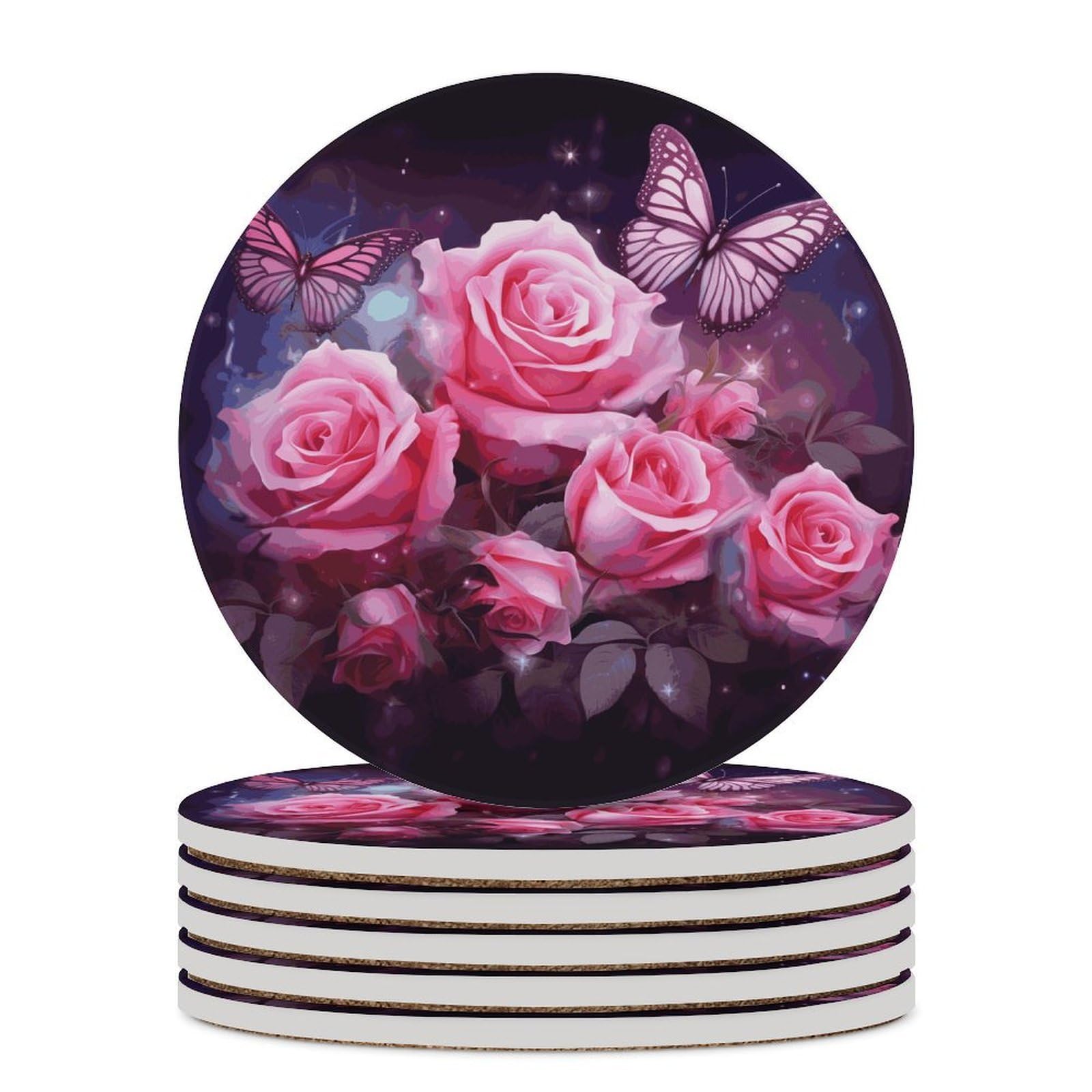 Róża i motyle różowe podstawki pod napoje z uchwytem na stolik kawowy, ceramiczna podstawka z podstawą korkową, ceramiczna podstawka do mrożonych zimnych lub gorących napojów, 10 cm