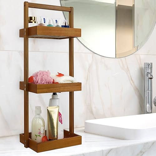 Miniatura 3 de Utoplike Organizador de ducha de madera de teca de 3 niveles y tapete de baño de madera de teca de 24 x 16 pulgadas