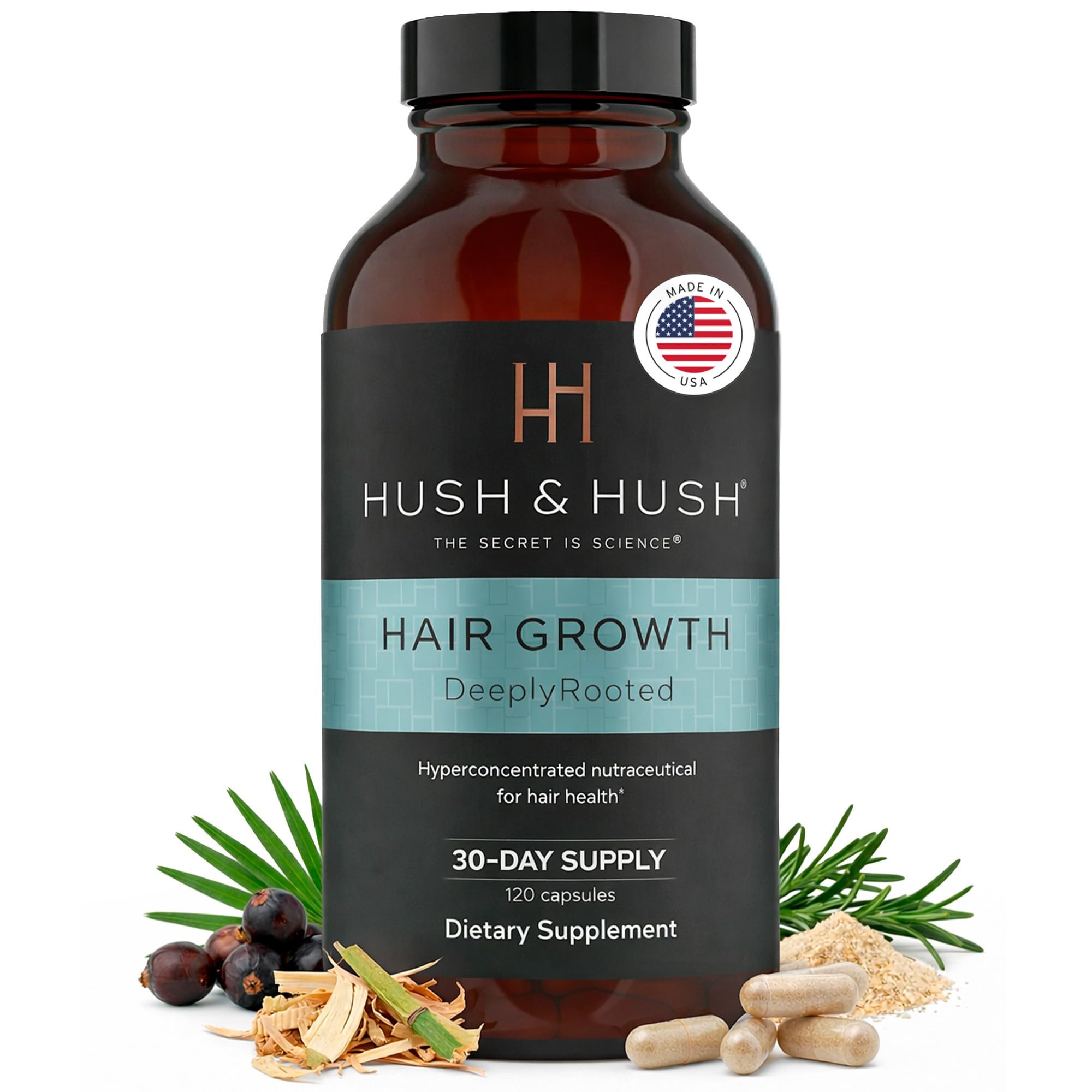 Hush & Hush DeeplyRooted Hair Supplement for Stronger, Healthier Hair - Collagen Hair Growth Pills for Men & Women - Biotin for Hair Loss - Hair Care for Thinning Hair & Hair Regrowth - 120 Capsules