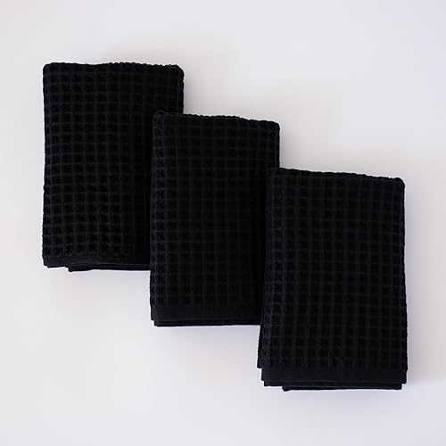 PÜSKÜL - Juego de 3 toallas de mano y cocina de punto gofre orgánico de 100 % algodón turco, color negro, calidad premium, suaves, de secado rápido,