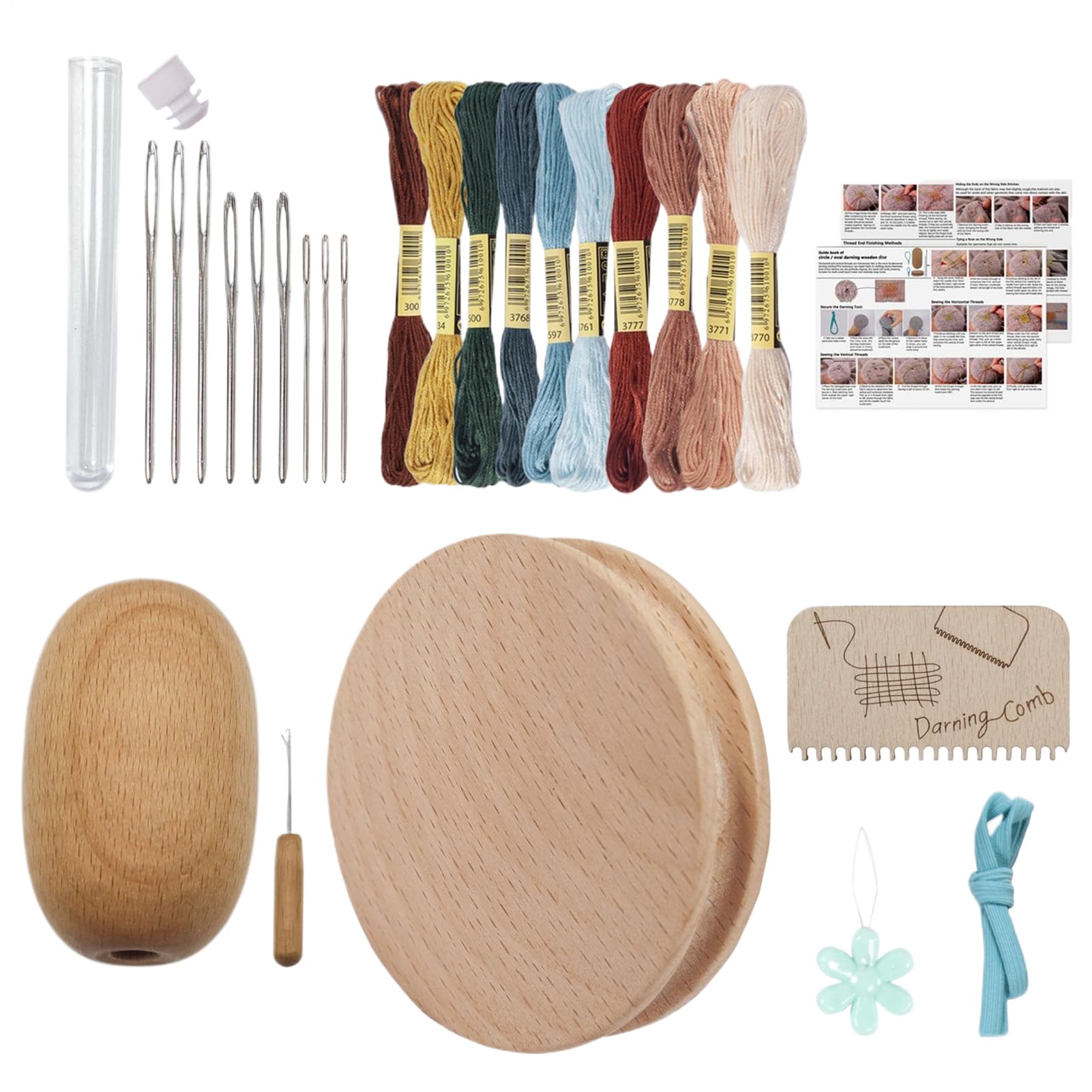 Kit para rammendo con disco de madera, 9 agujas y hilos de 10 colores para costura y bordado 8