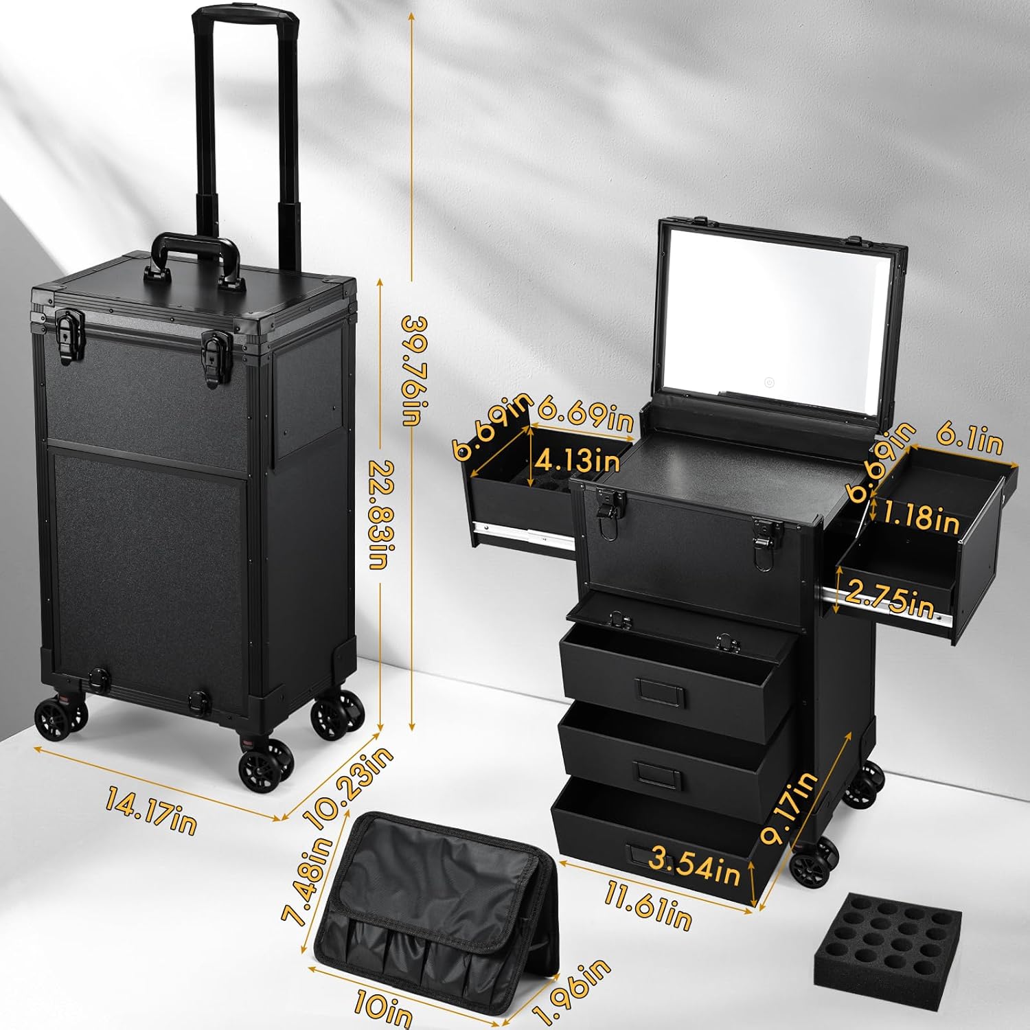 Rolling Makeup Case with lighted mirror, Cosmetology Case on Wheels with LED Mirror, Professional Salon Trolley Cart with Drawer,Travel Makeup Lockable Beauty Organizer with Live Stream Light