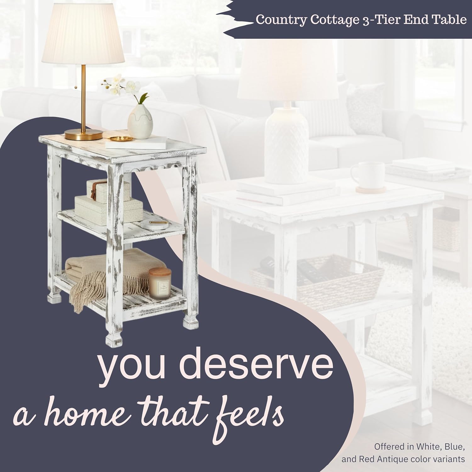 Alaterre Furniture Country Cottage 3-Tier End Table with 2 Open Shelves – Rustic Farmhouse Nightstand with Carved Edges & Square Turned Legs for Living Room or Bedroom (Distressed Antique White)