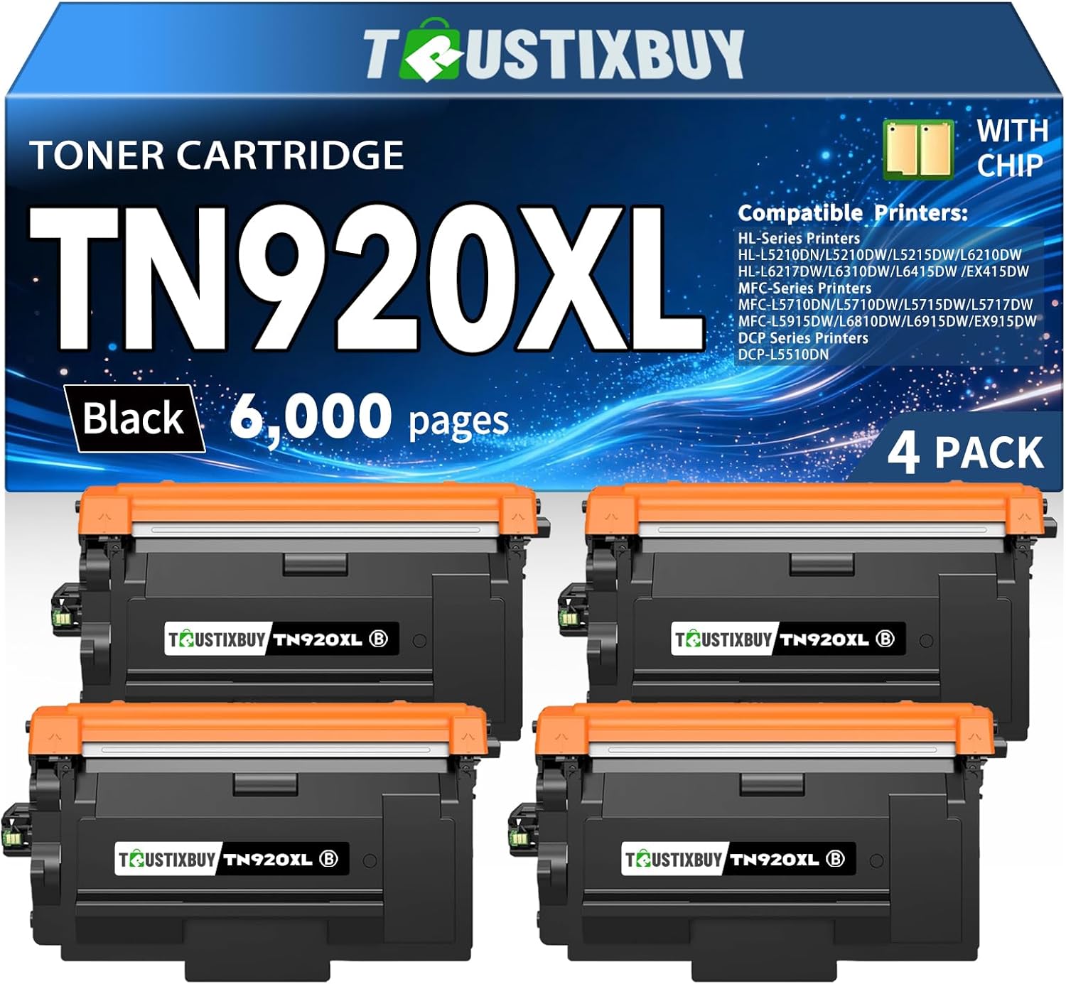 TN920 High Yield Toner Cartridge (4-Pack) Compatible for Brother TN920 TN920XL TN920XXL Toner with Brother HL-L6210DW MFC-L5915DW MFC-L5710DW HL-L5210DW HL-L6310DW MFC-L6810DW Printers