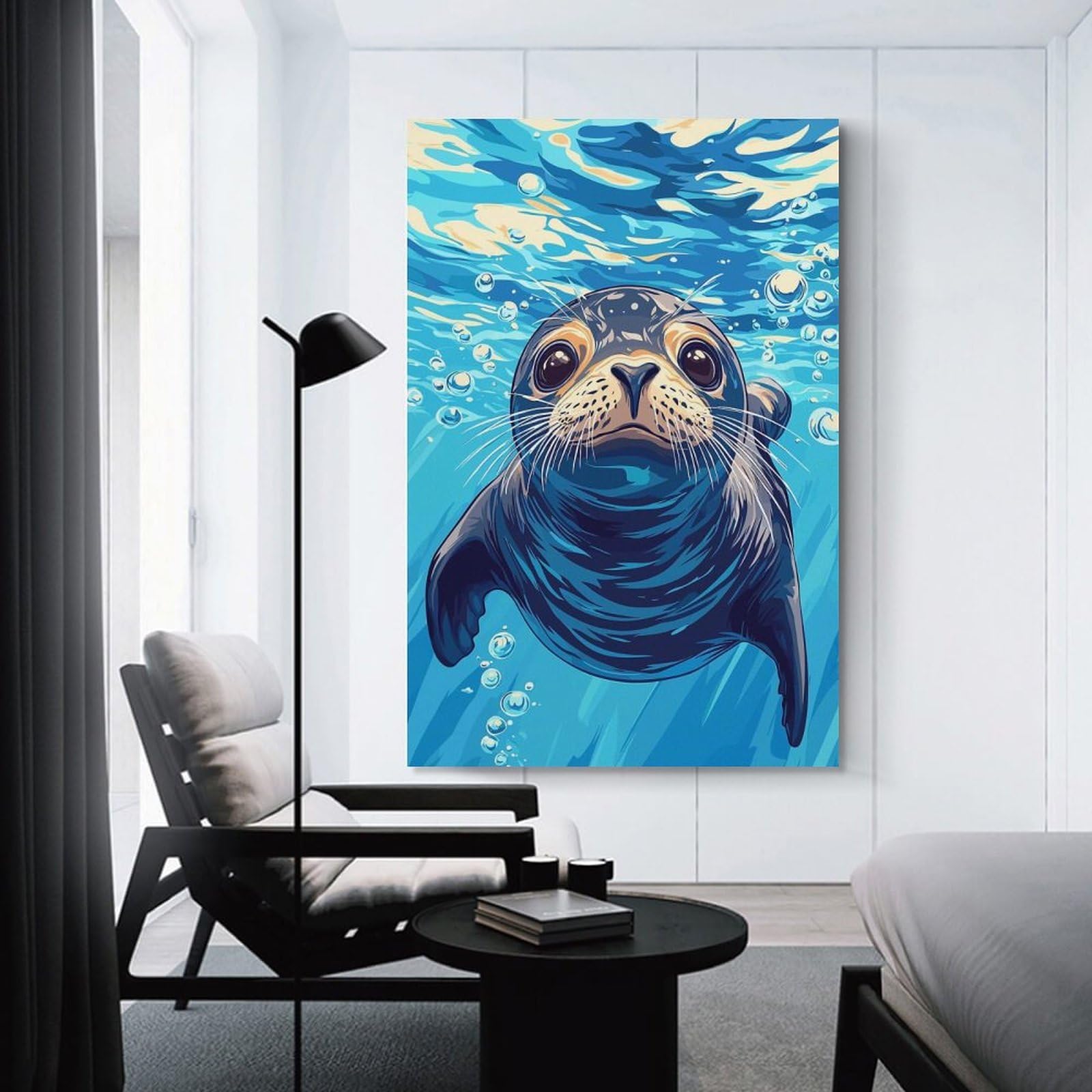 Junmoney Unframe-Style-15 Seal Underwater Illustration Canvas Wall Art 12X18inch(30X45cm), For Workspace Walls, Study Corners Or Bedrooms, Wall Art That Adds Style To Work Areas