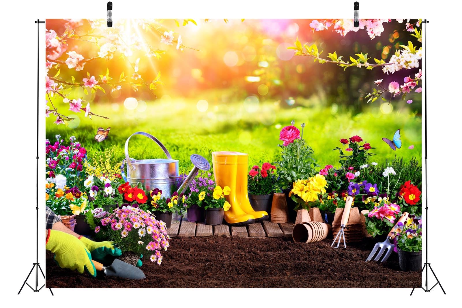 BELECO 3x2.5m Ostern Frühlingsgarten Hintergrund, blühende Pflanzen Gartengeräte Hofszene, Baby Kleinkind Ostern Festporträt Studio Fotobooth Zubehör