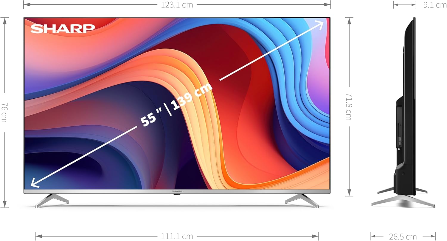 SHARP TV displaying the Google TV home screen with various streaming app icons