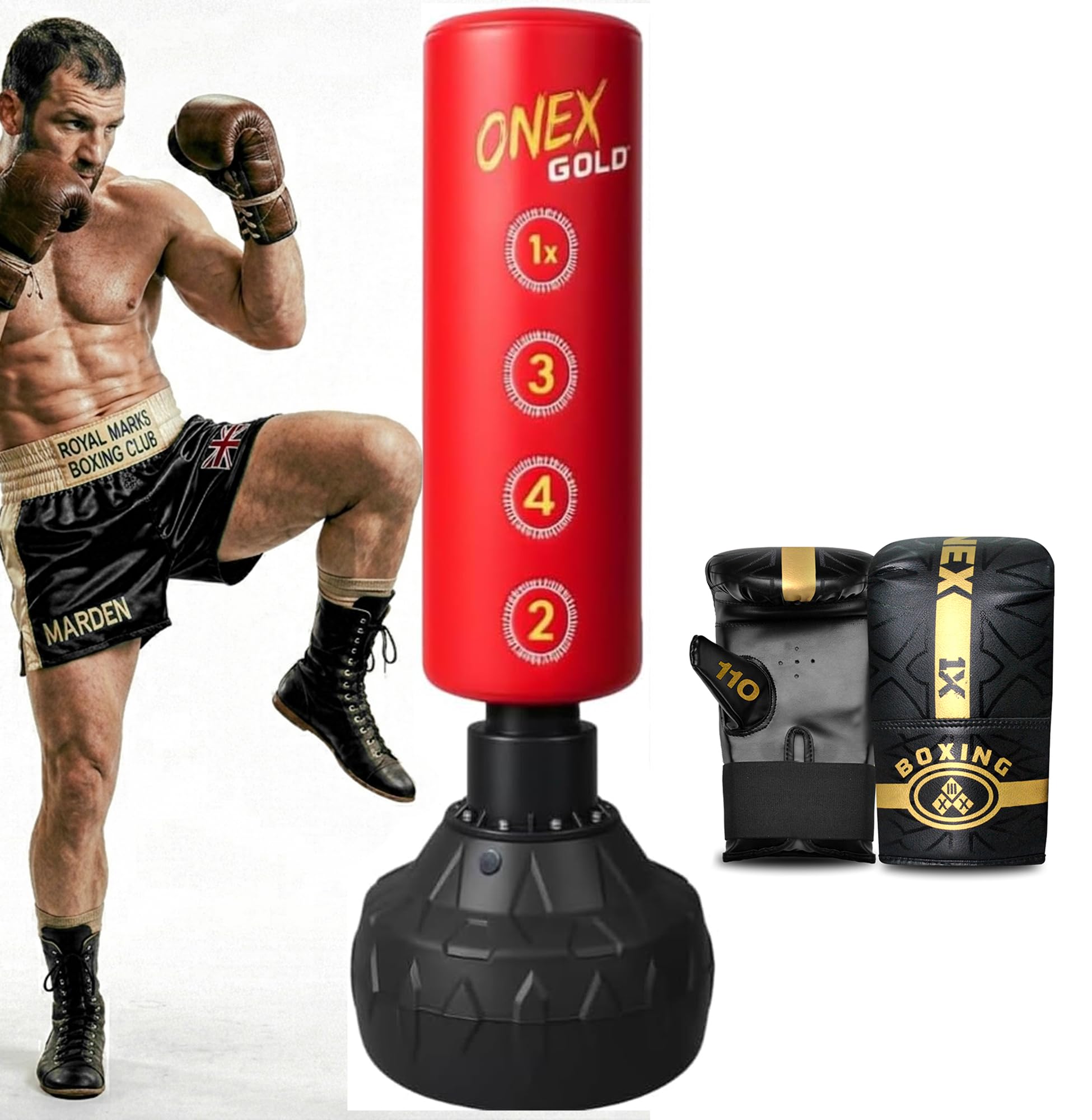 ONEX Punch Bag Free Standing Adult With Gloves - 5ft filled Heavy Duty Pedestal Stand Boxing Bag for Kickboxing MMA Martial Arts karate Gym & Home Fitness Workout