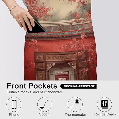 Miniatura 5 de MUSM Apron for Adults - 27.6 X 31.5 Inch, Heavy-Duty Polyester Aprons with Two Large Pockets, Waterproof Red Oriental Painting Kitchen Apron for