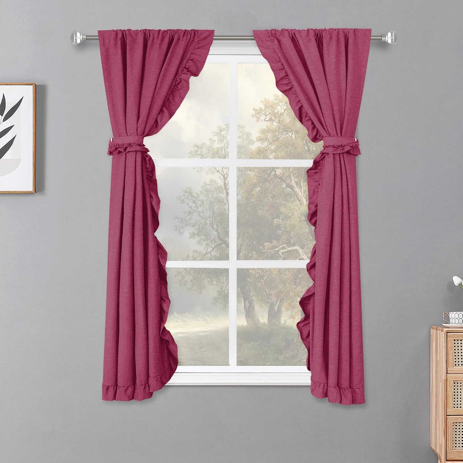 2 Panel 52" W by 84" H Linen Window Curtain Set Rustic Style Decoration with Ruffled Edge, Tie Backs and Wall Adhesive Hooks (Black)