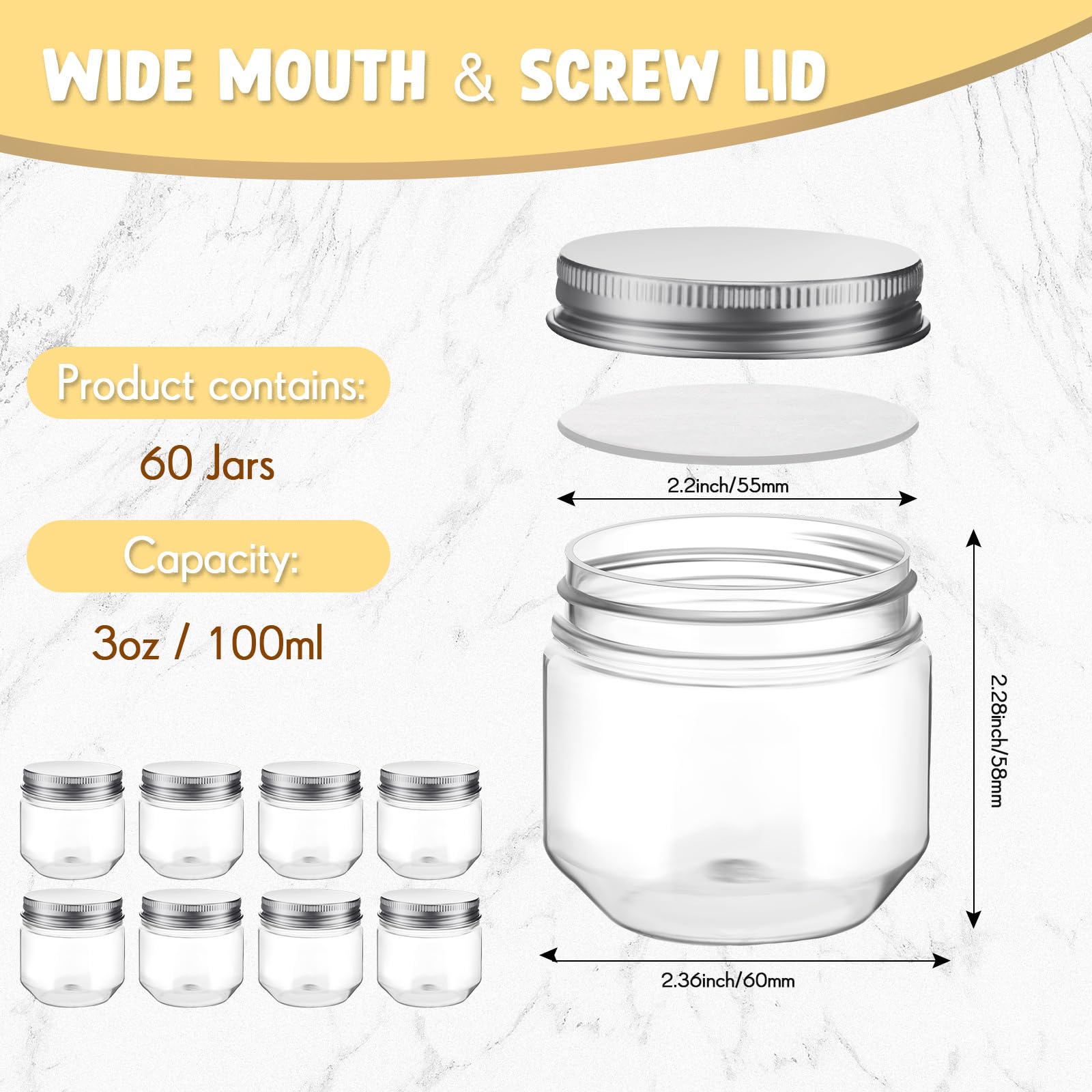 Tanlade 60 Pcs 3 oz Clear Plastic Jars with Lids Wide Mouth Mason Jars Mini Storage Containers Bulk for Herb Jelly Wedding Favors Shower Party Favors (Silver)